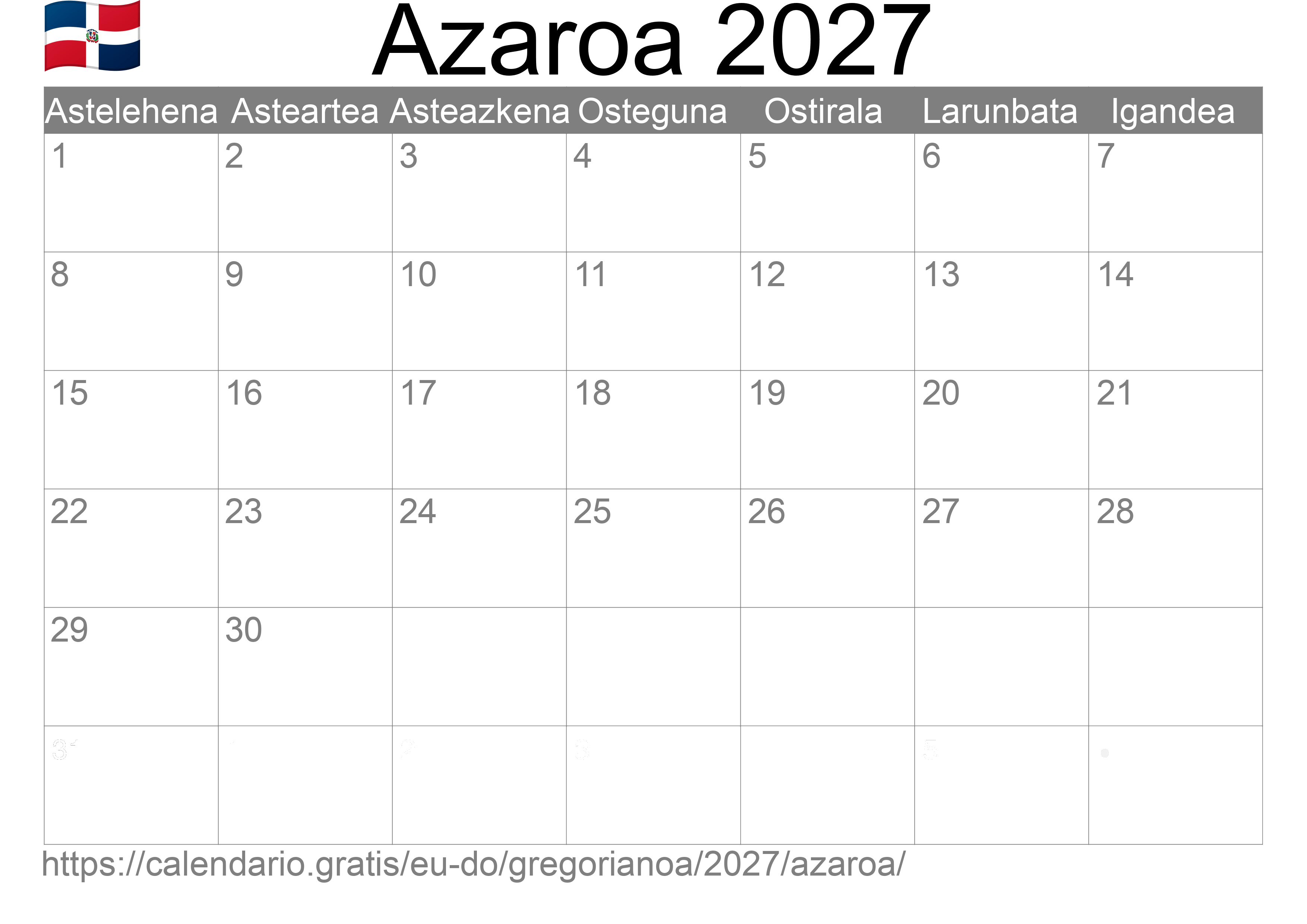 2027ko Azaroa egutegia inprimatzeko