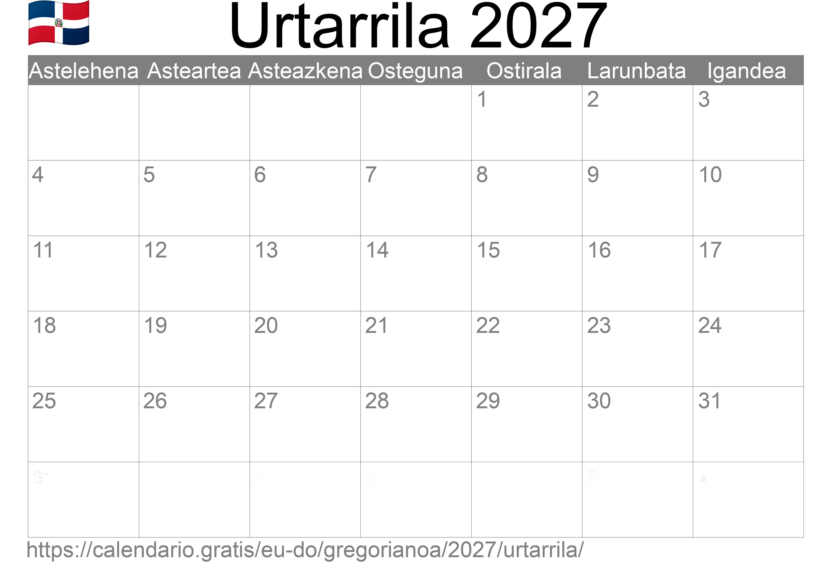 2027ko Urtarrila egutegia inprimatzeko