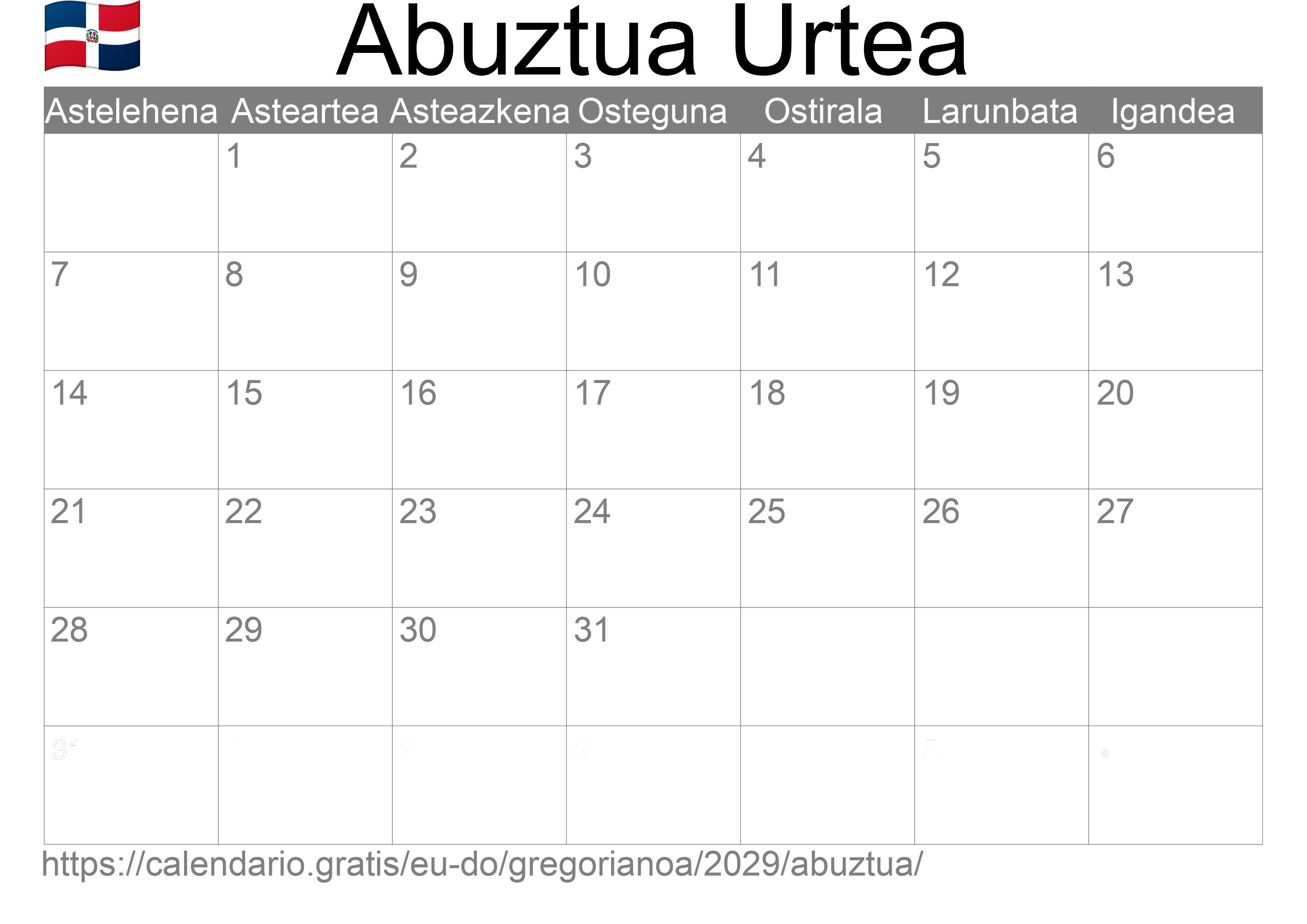 2029ko Abuztua egutegia inprimatzeko