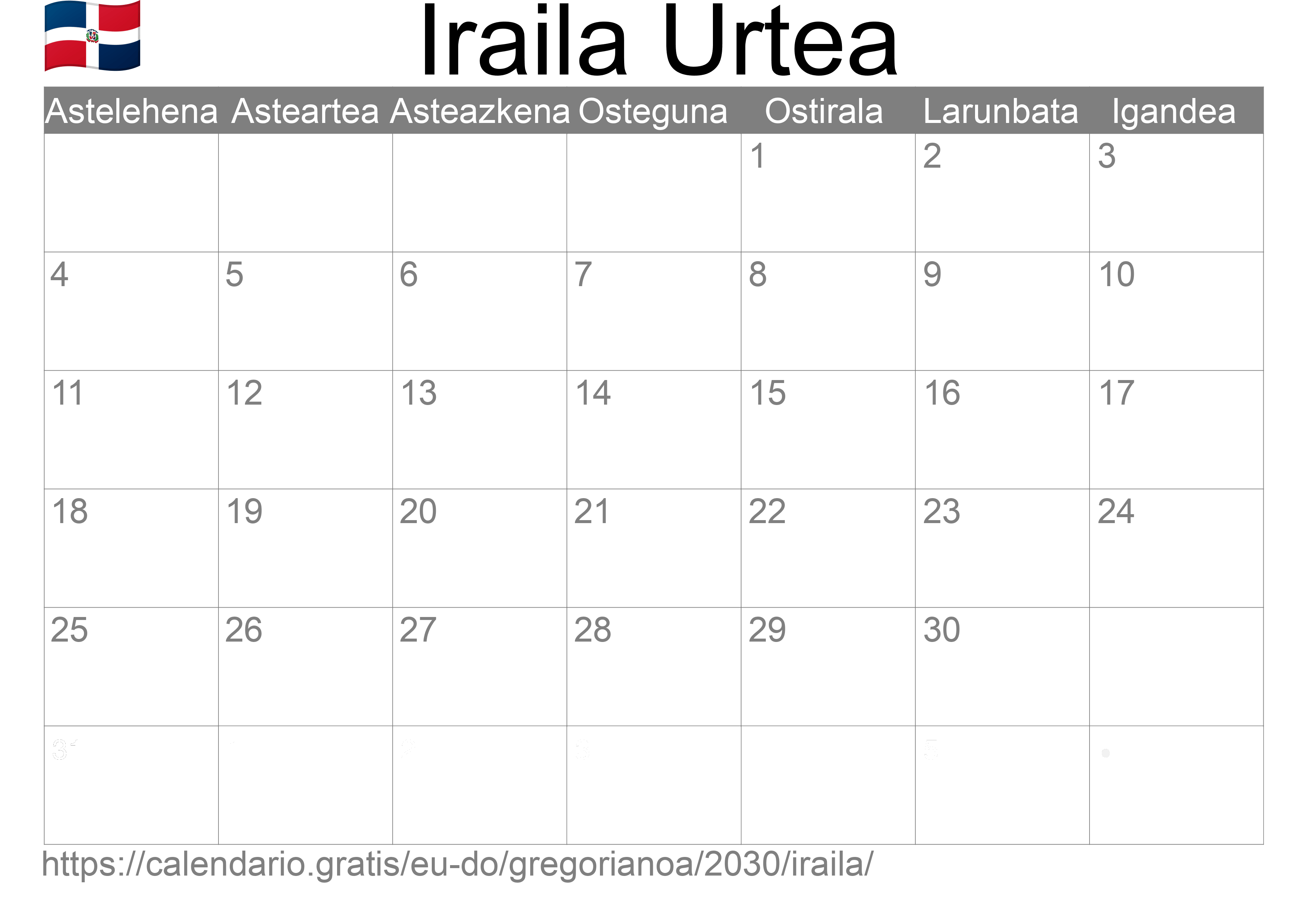 2030ko Iraila egutegia inprimatzeko