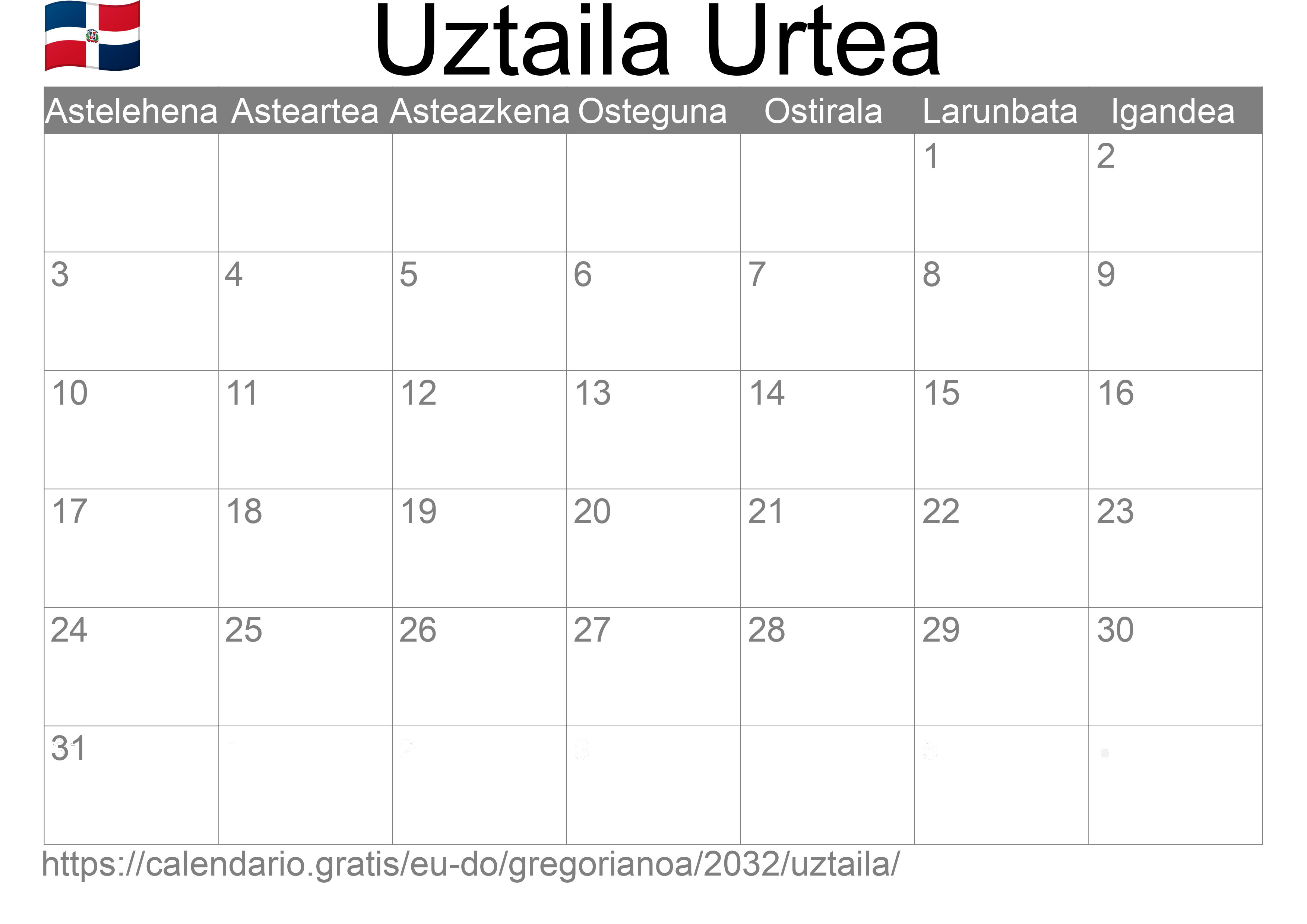 2032ko Uztaila egutegia inprimatzeko