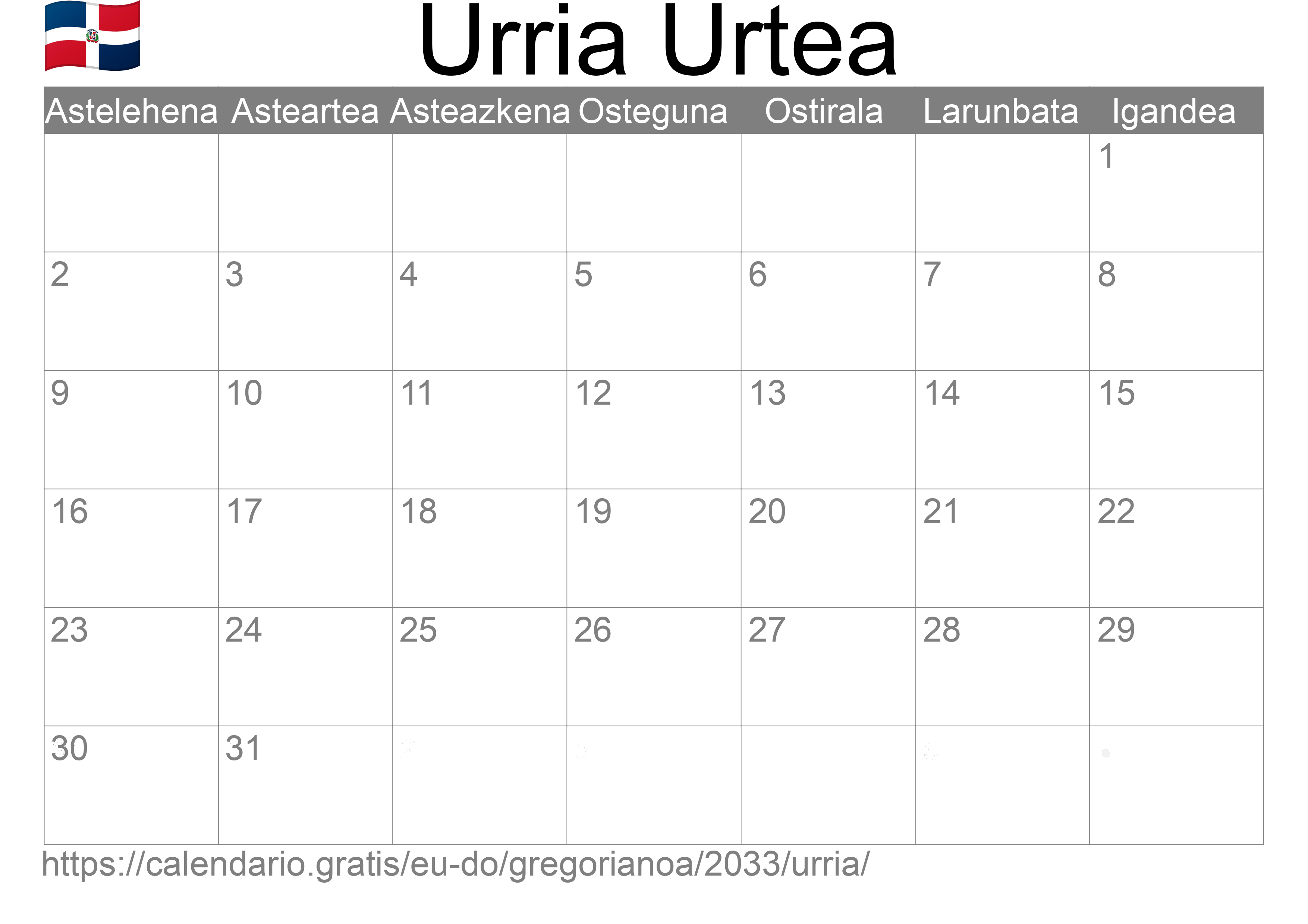 2033ko Urria egutegia inprimatzeko