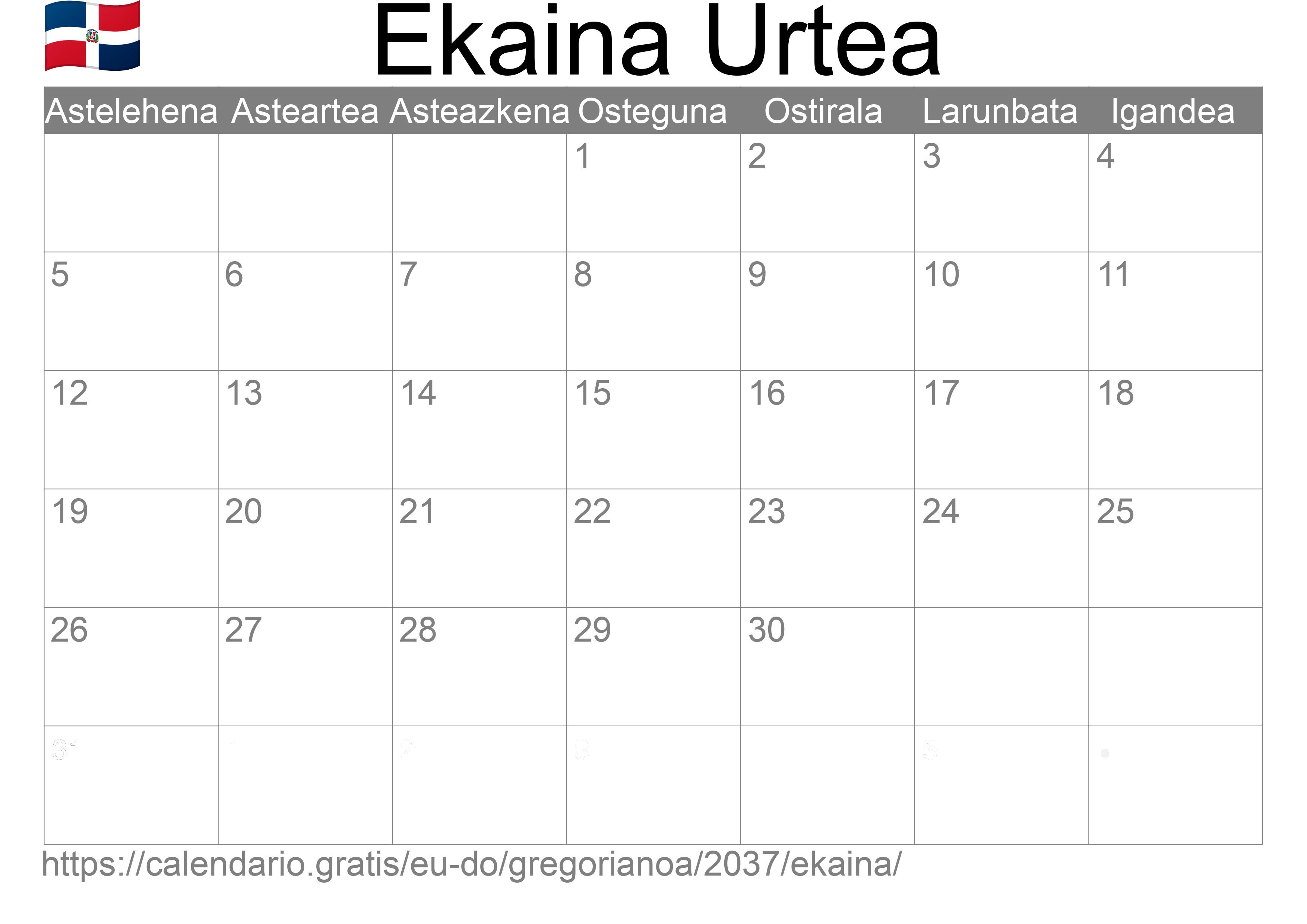 2037ko Ekaina egutegia inprimatzeko