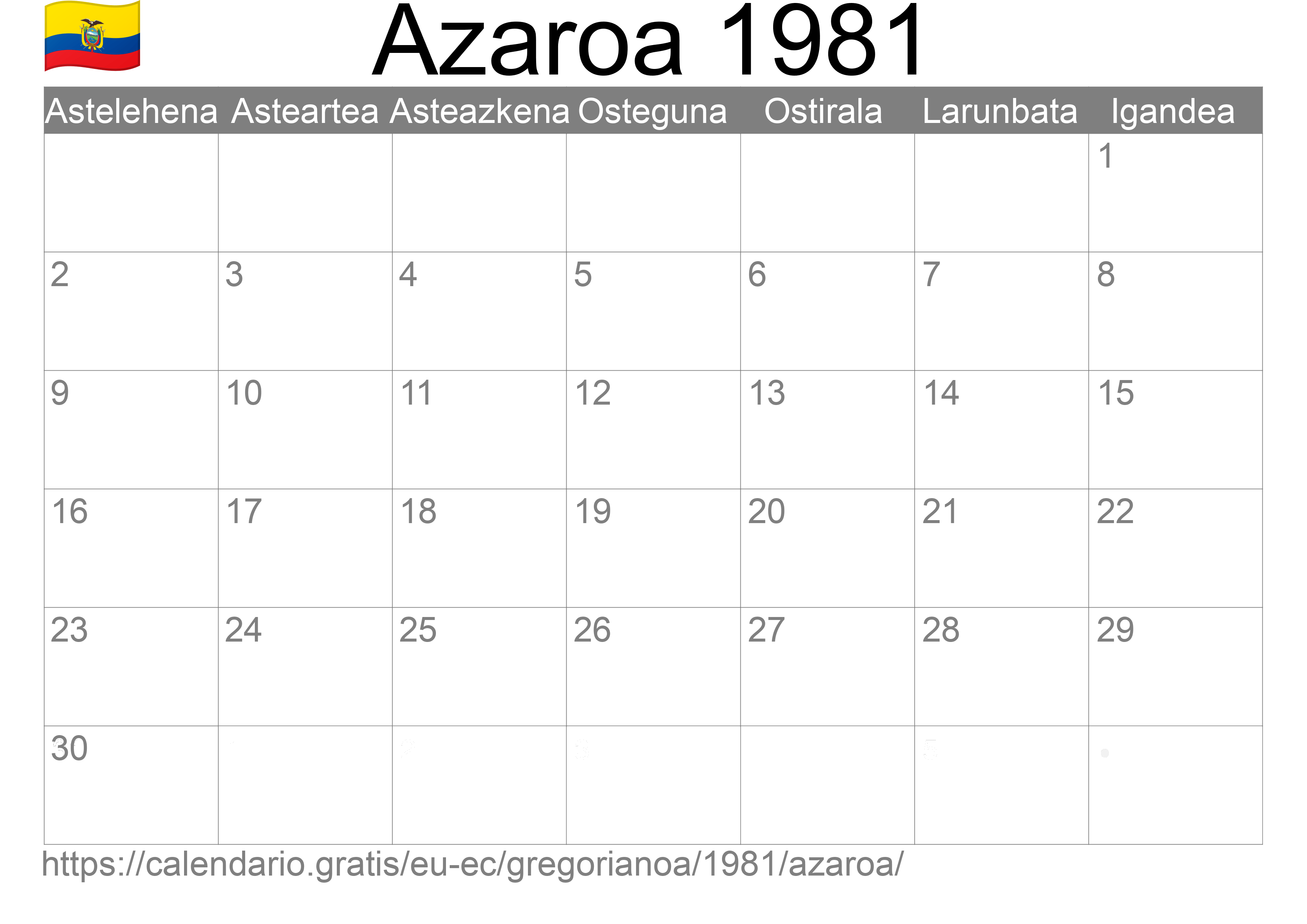 1981ko Azaroa egutegia inprimatzeko