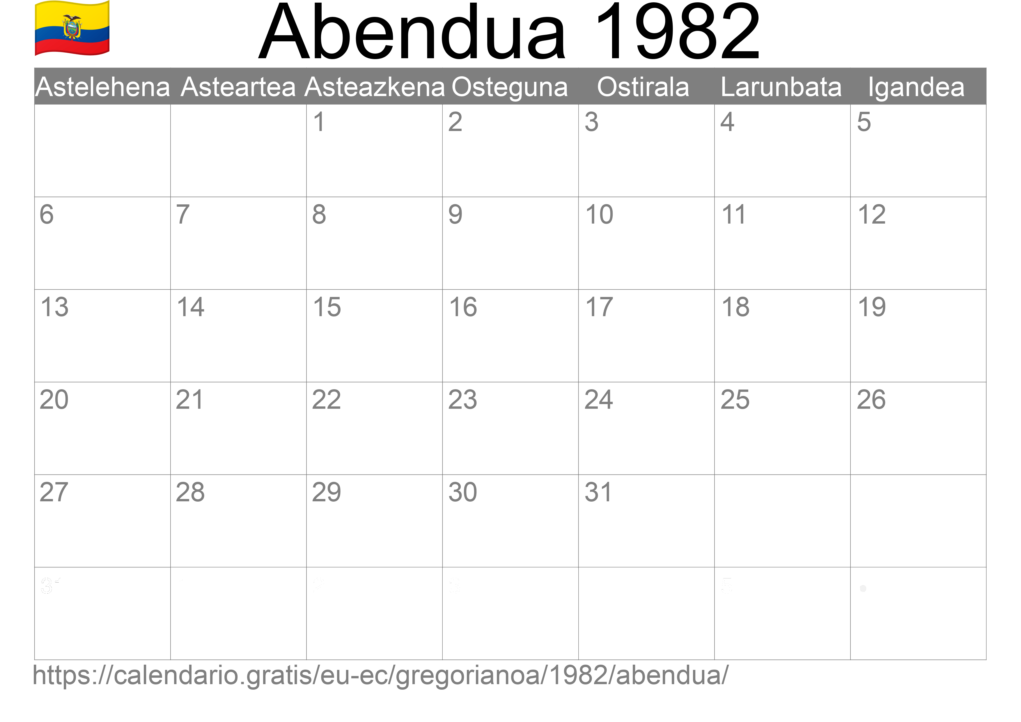 1982ko Abendua egutegia inprimatzeko