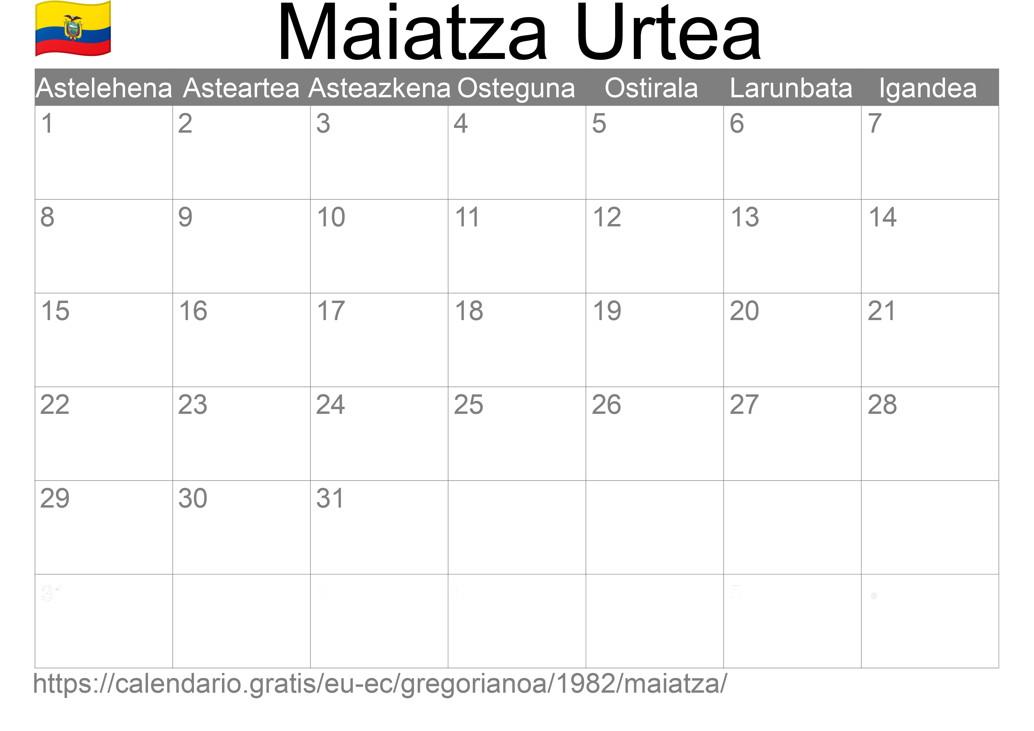 1982ko Maiatza egutegia inprimatzeko