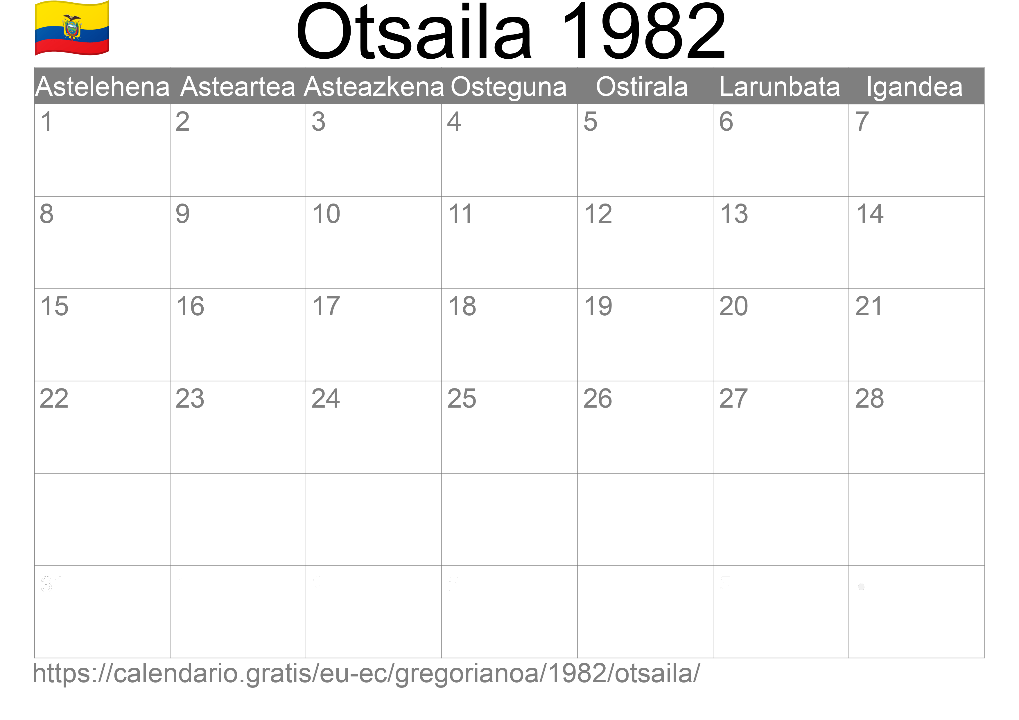 1982ko Otsaila egutegia inprimatzeko