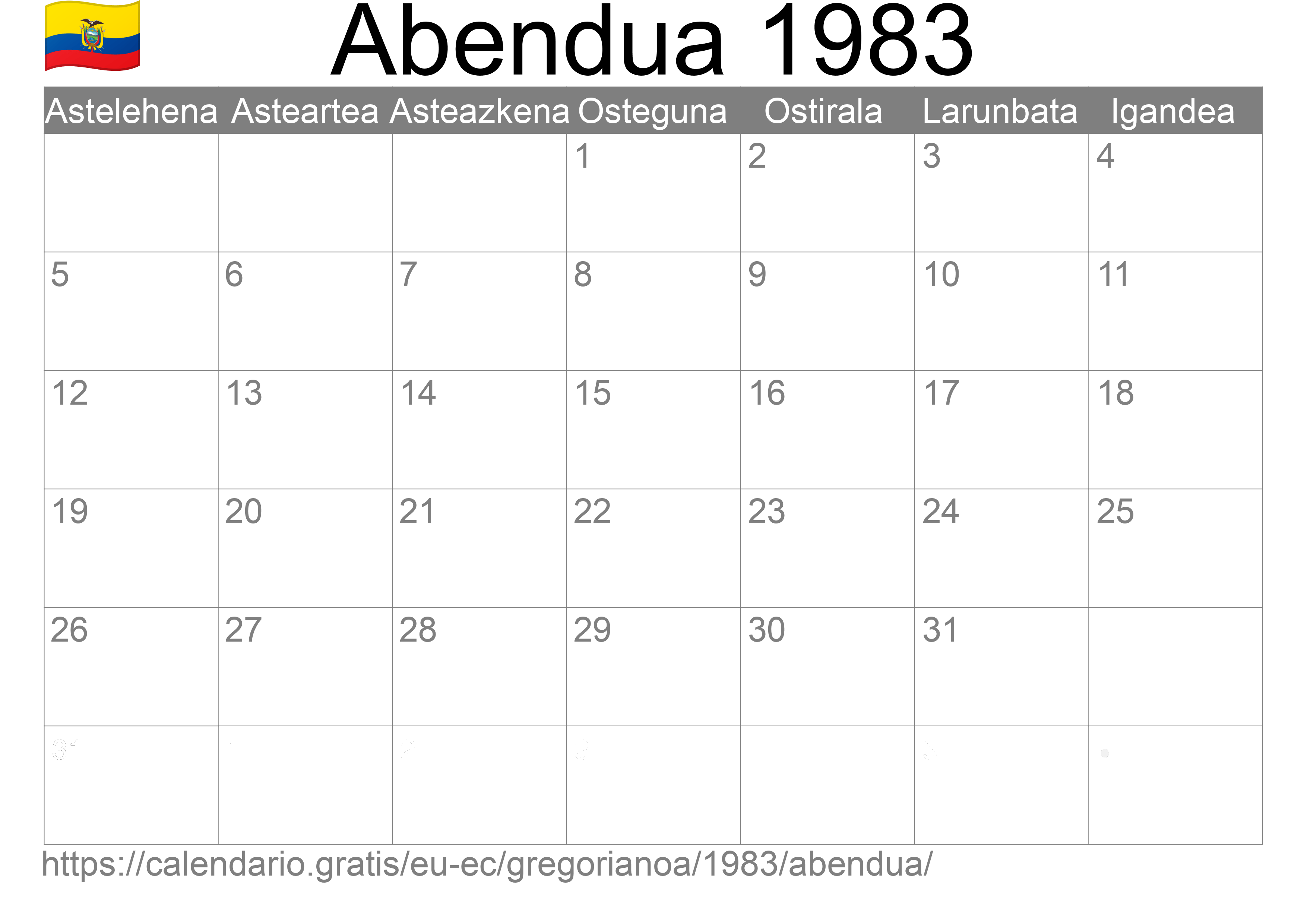 1983ko Abendua egutegia inprimatzeko