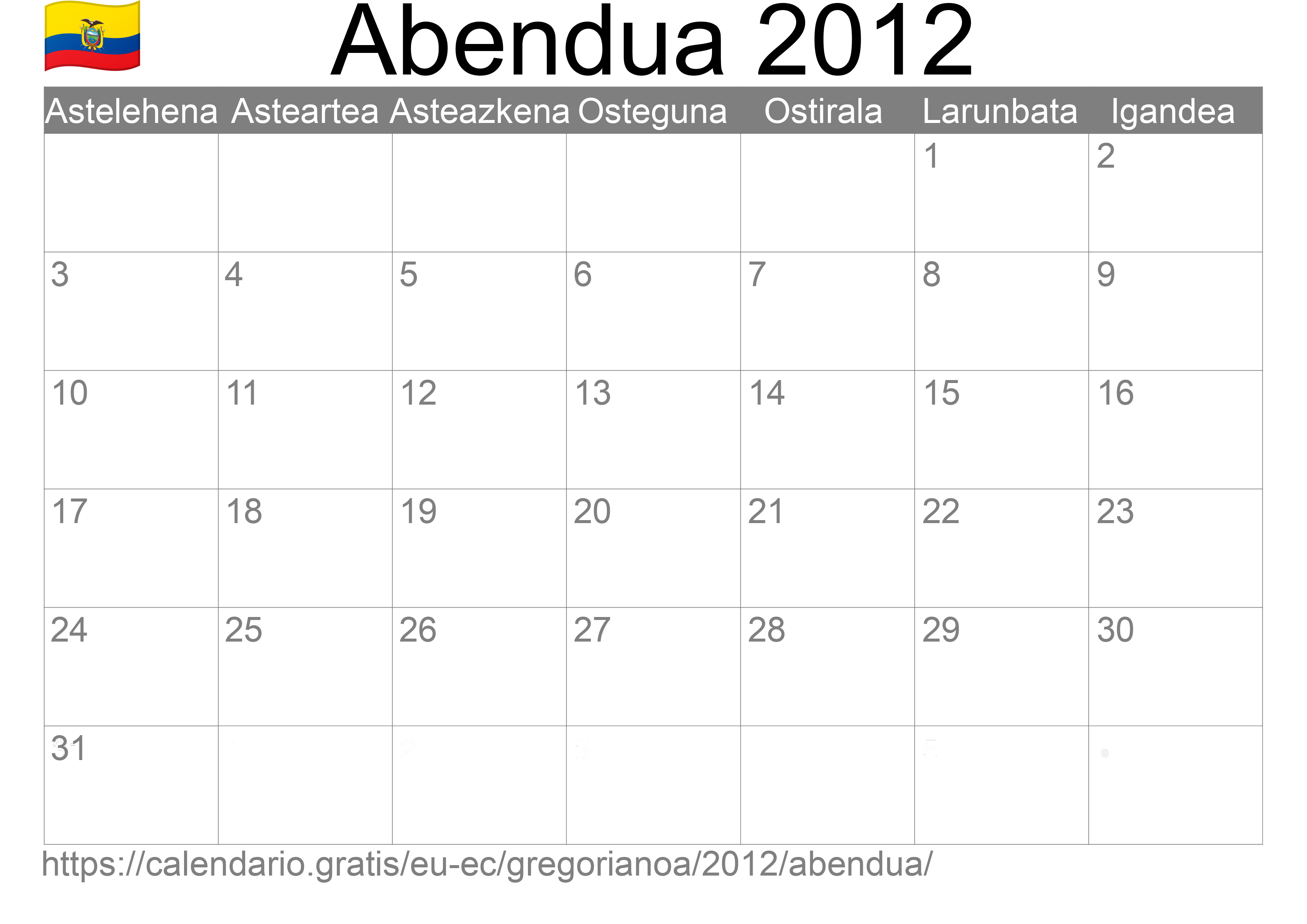 2012ko Abendua egutegia inprimatzeko