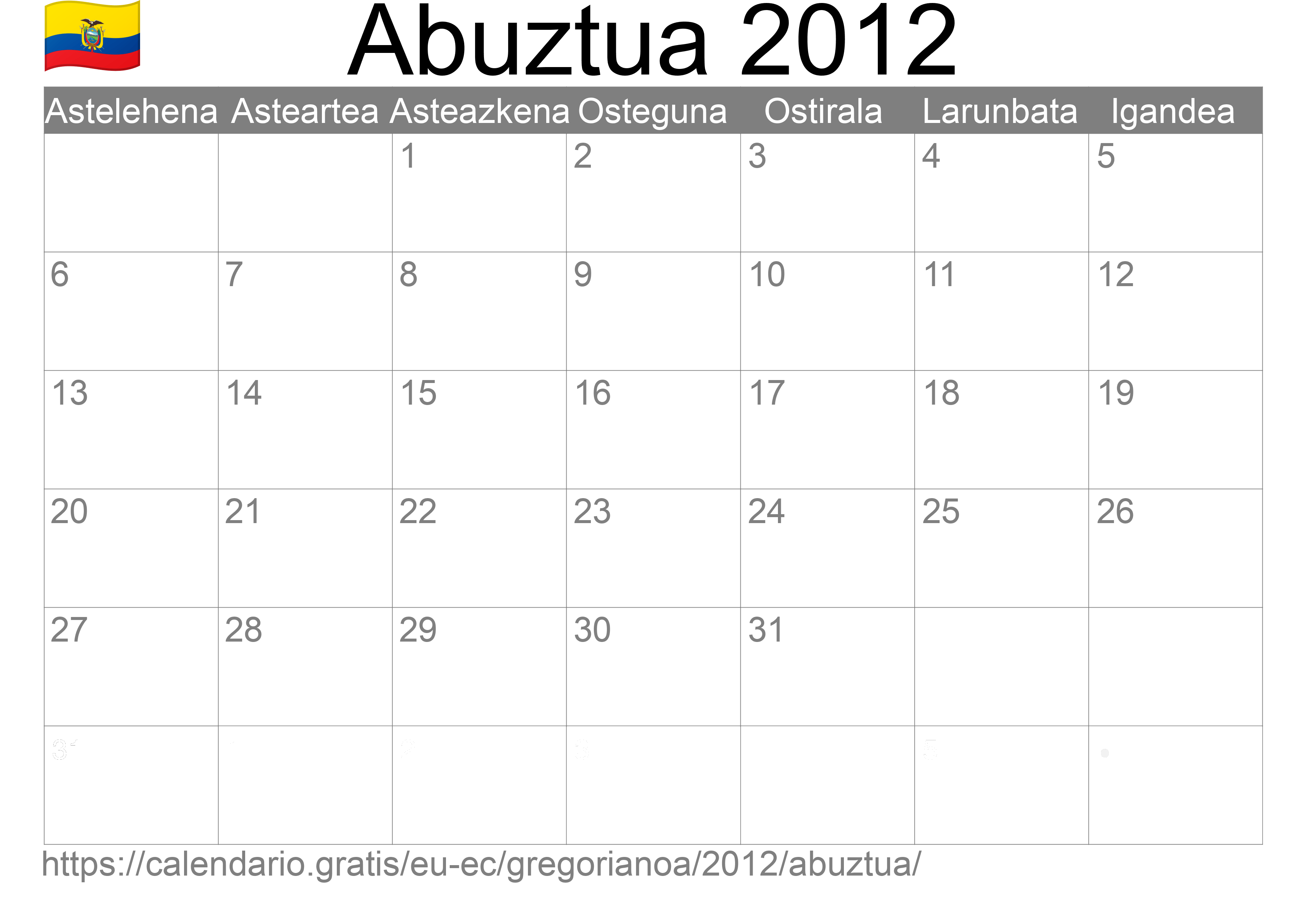 2012ko Abuztua egutegia inprimatzeko