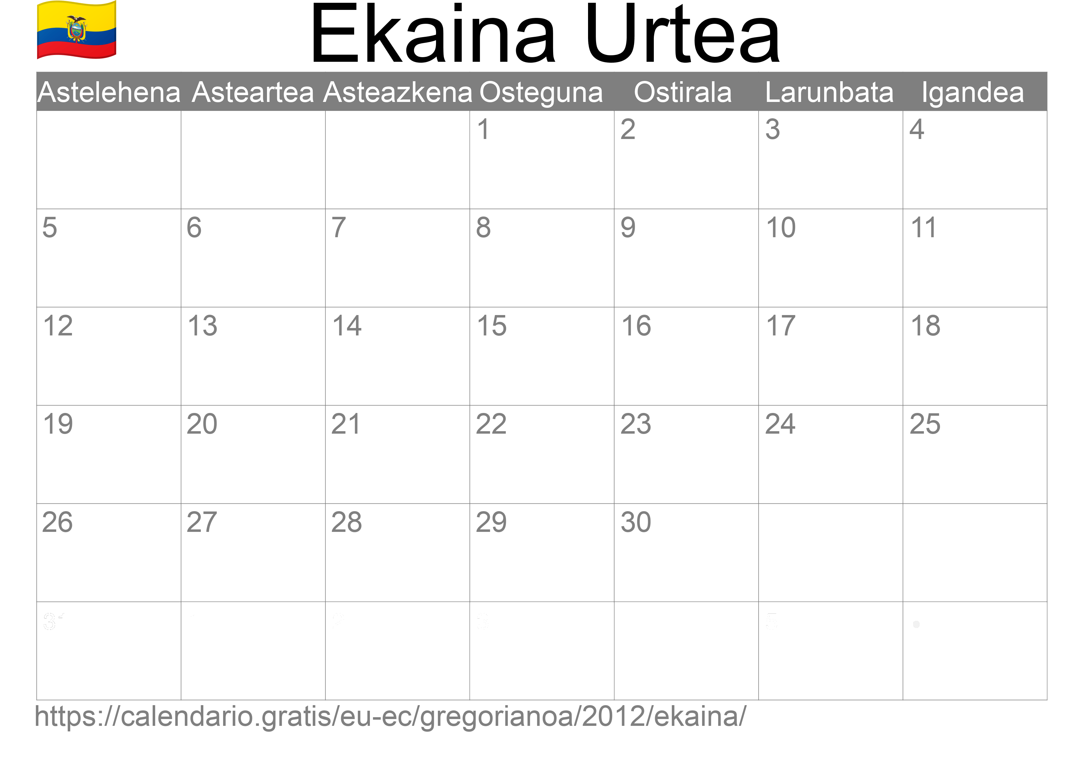 2012ko Ekaina egutegia inprimatzeko