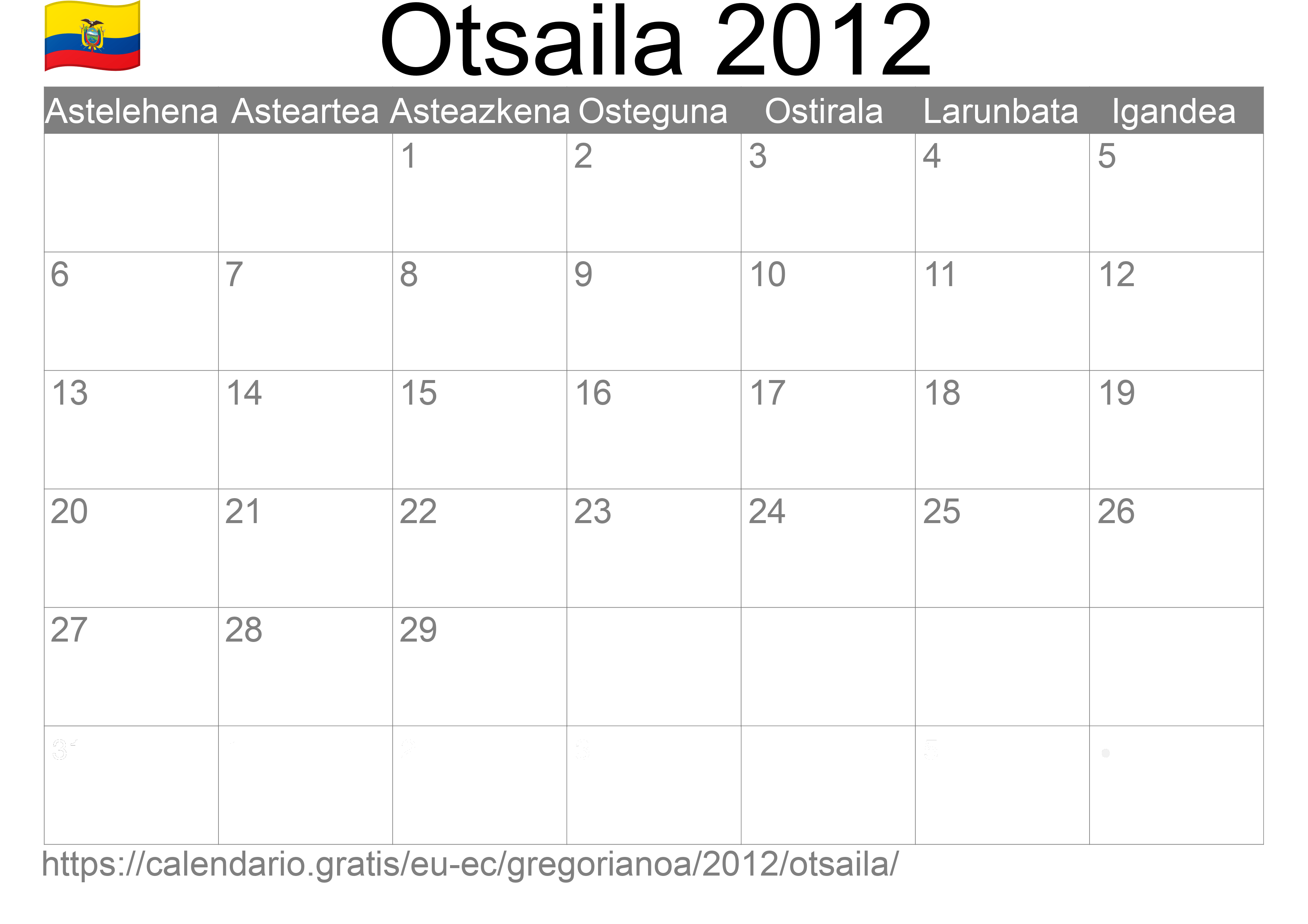 2012ko Otsaila egutegia inprimatzeko