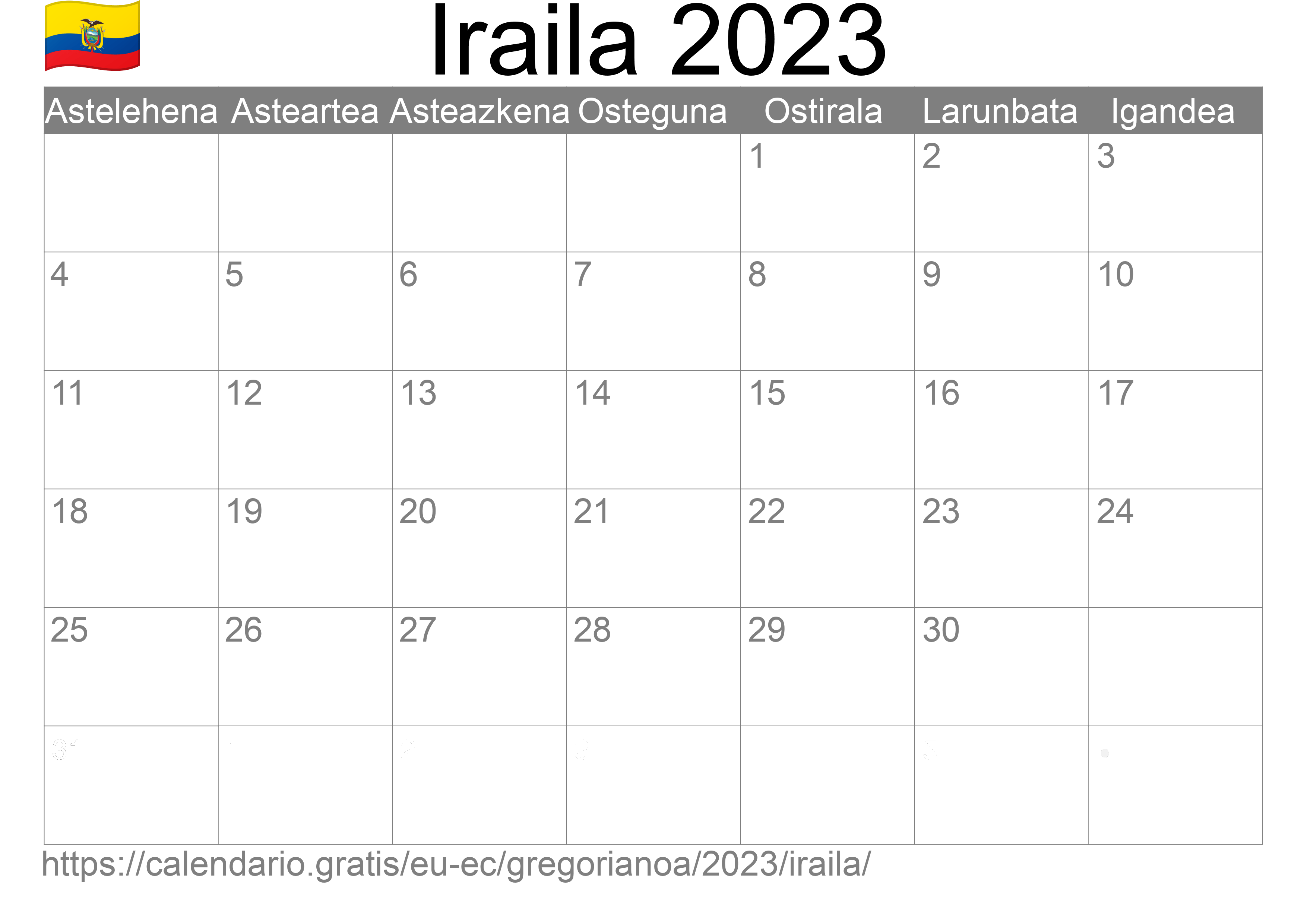 2023ko Iraila egutegia inprimatzeko