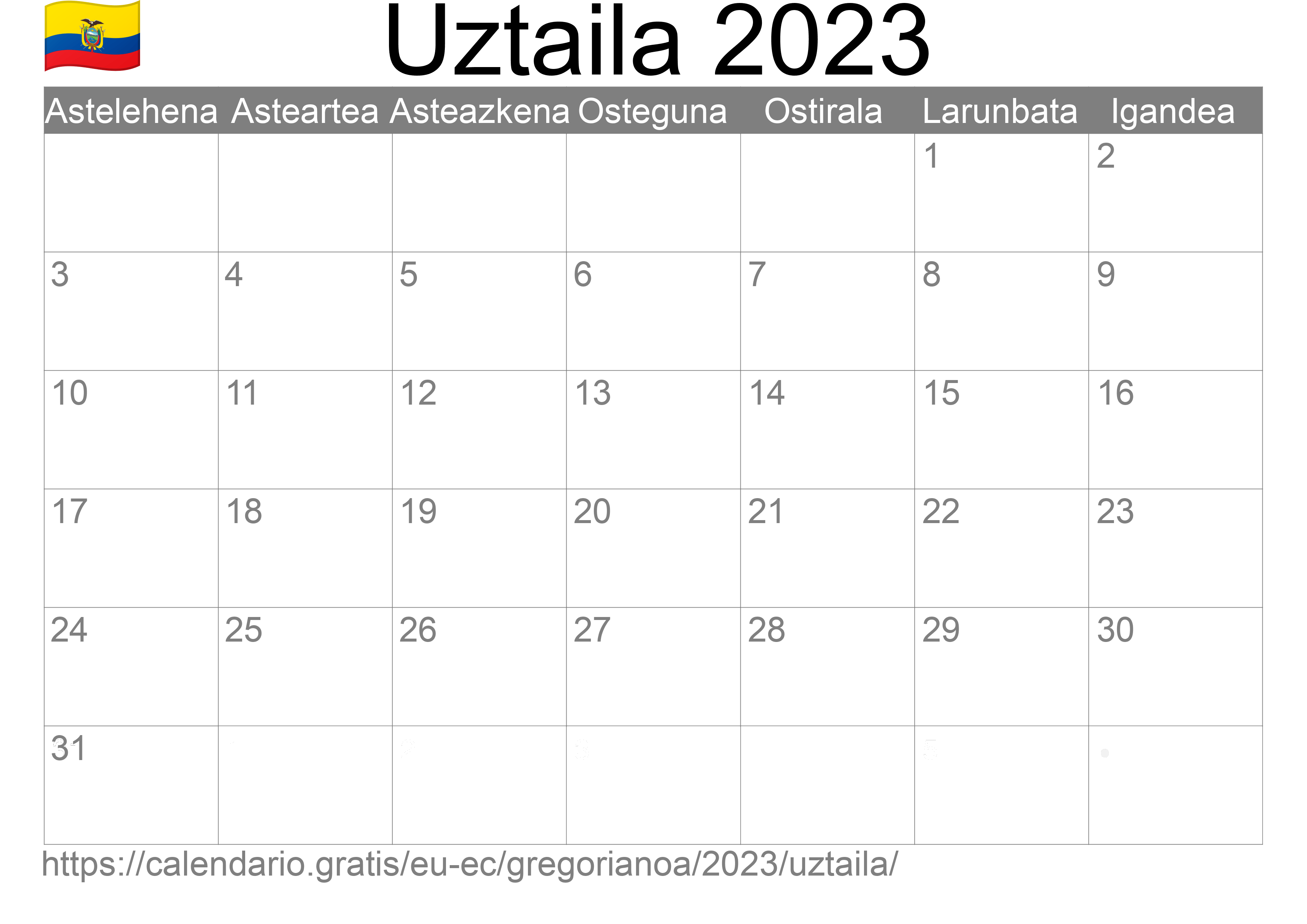 2023ko Uztaila egutegia inprimatzeko