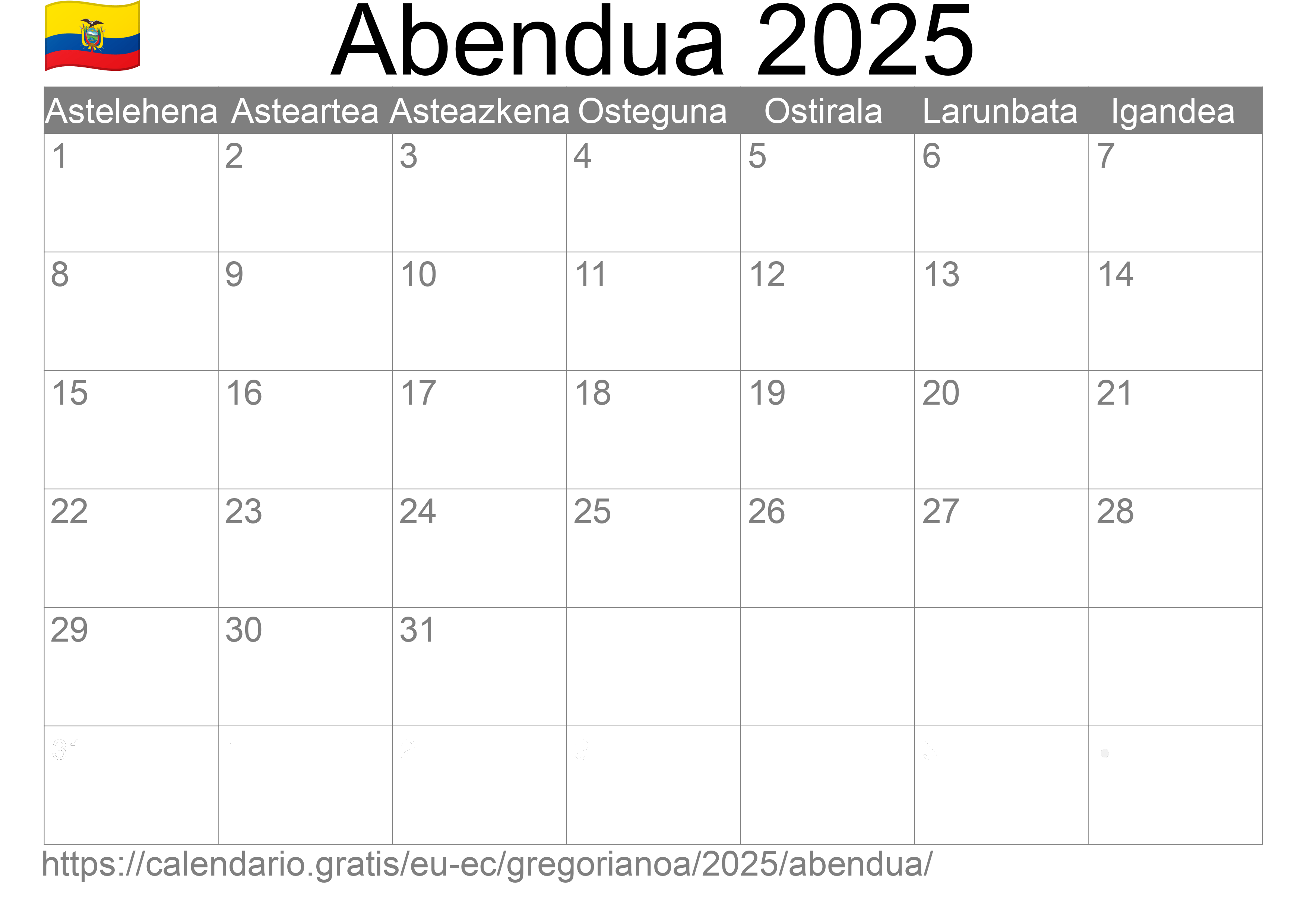 2025ko Abendua egutegia inprimatzeko