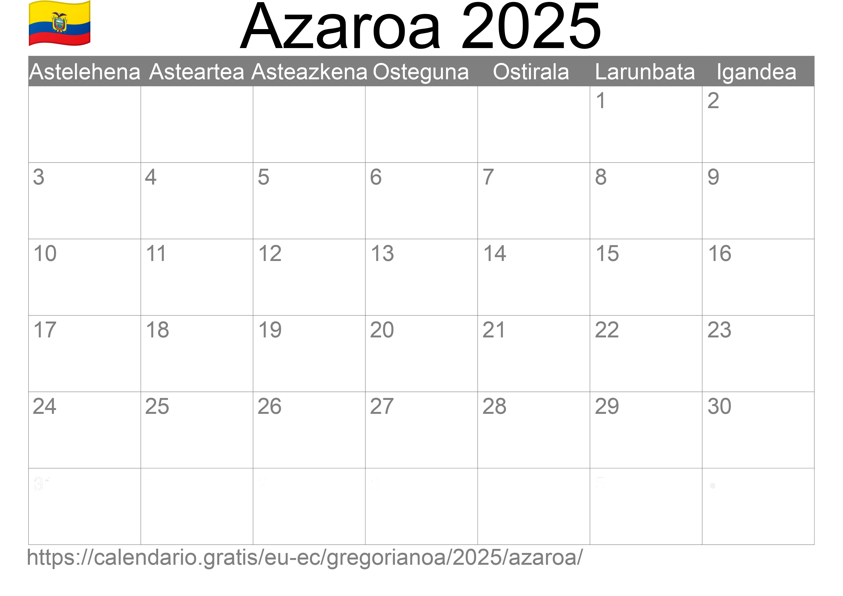 2025ko Azaroa egutegia inprimatzeko