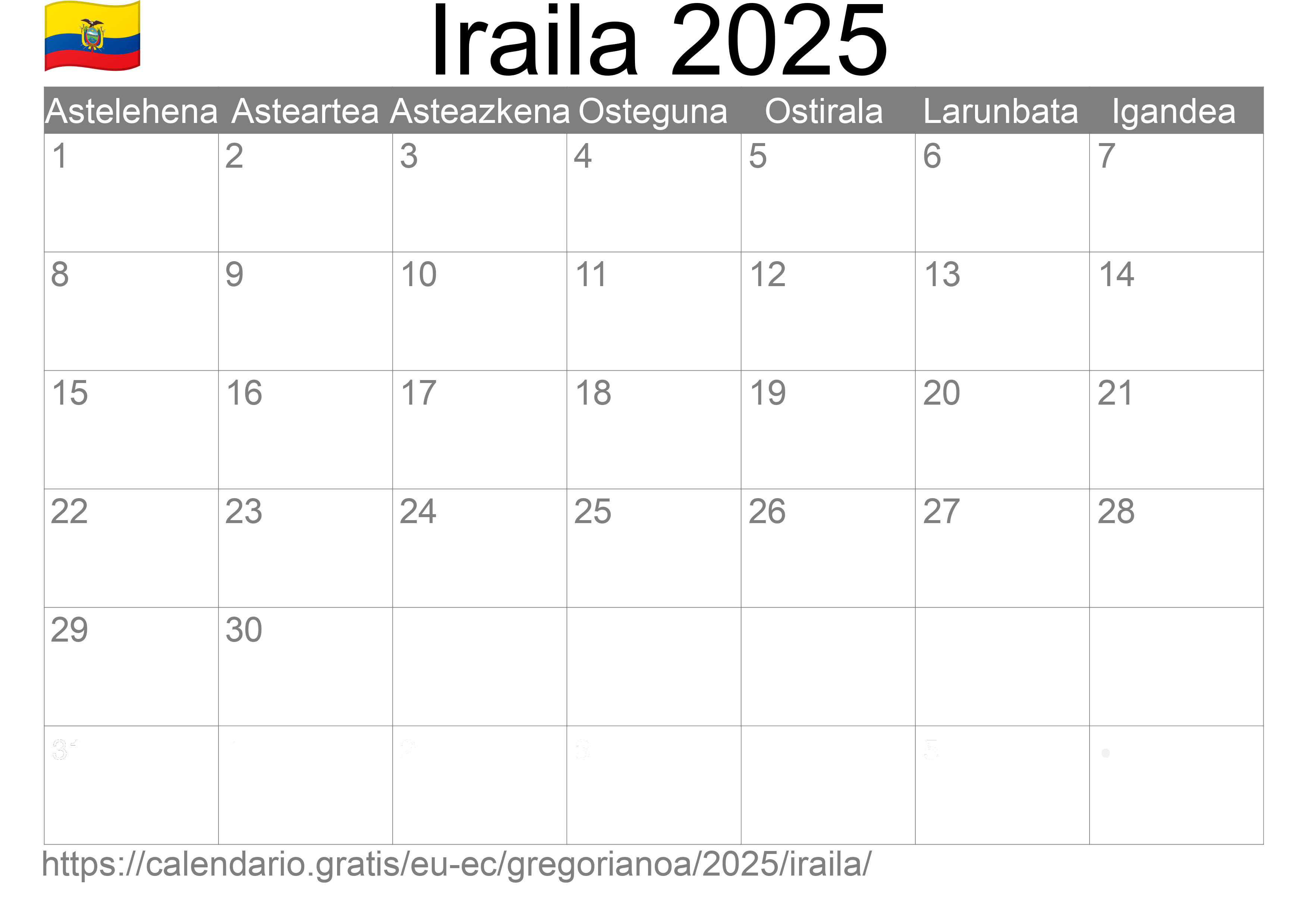 2025ko Iraila egutegia inprimatzeko