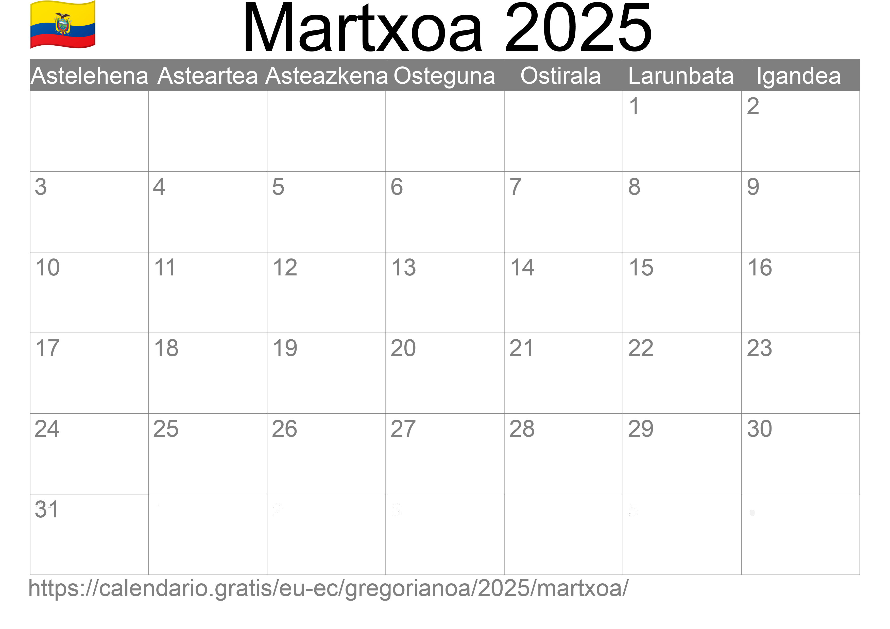 2025ko Martxoa egutegia inprimatzeko