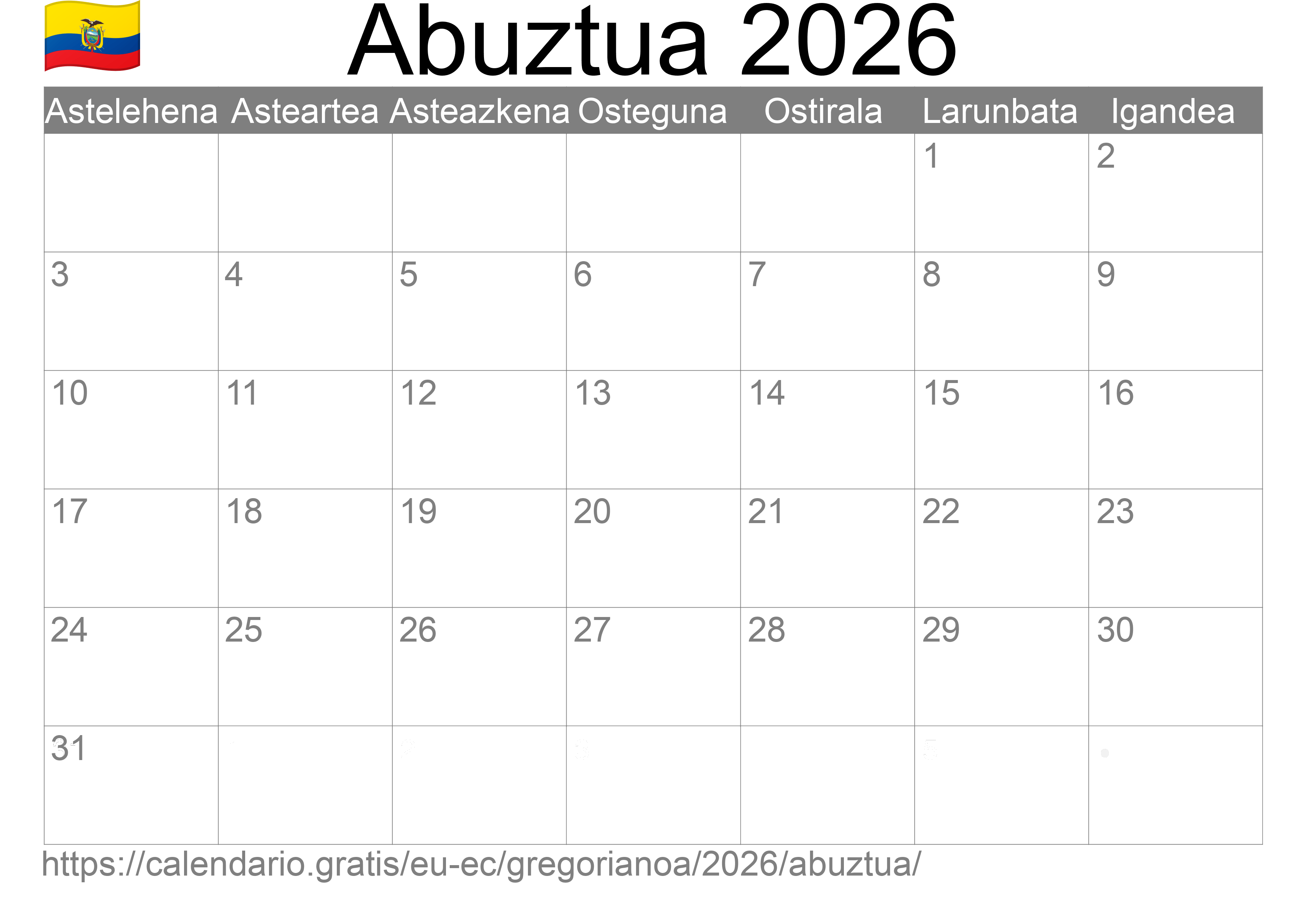 2026ko Abuztua egutegia inprimatzeko