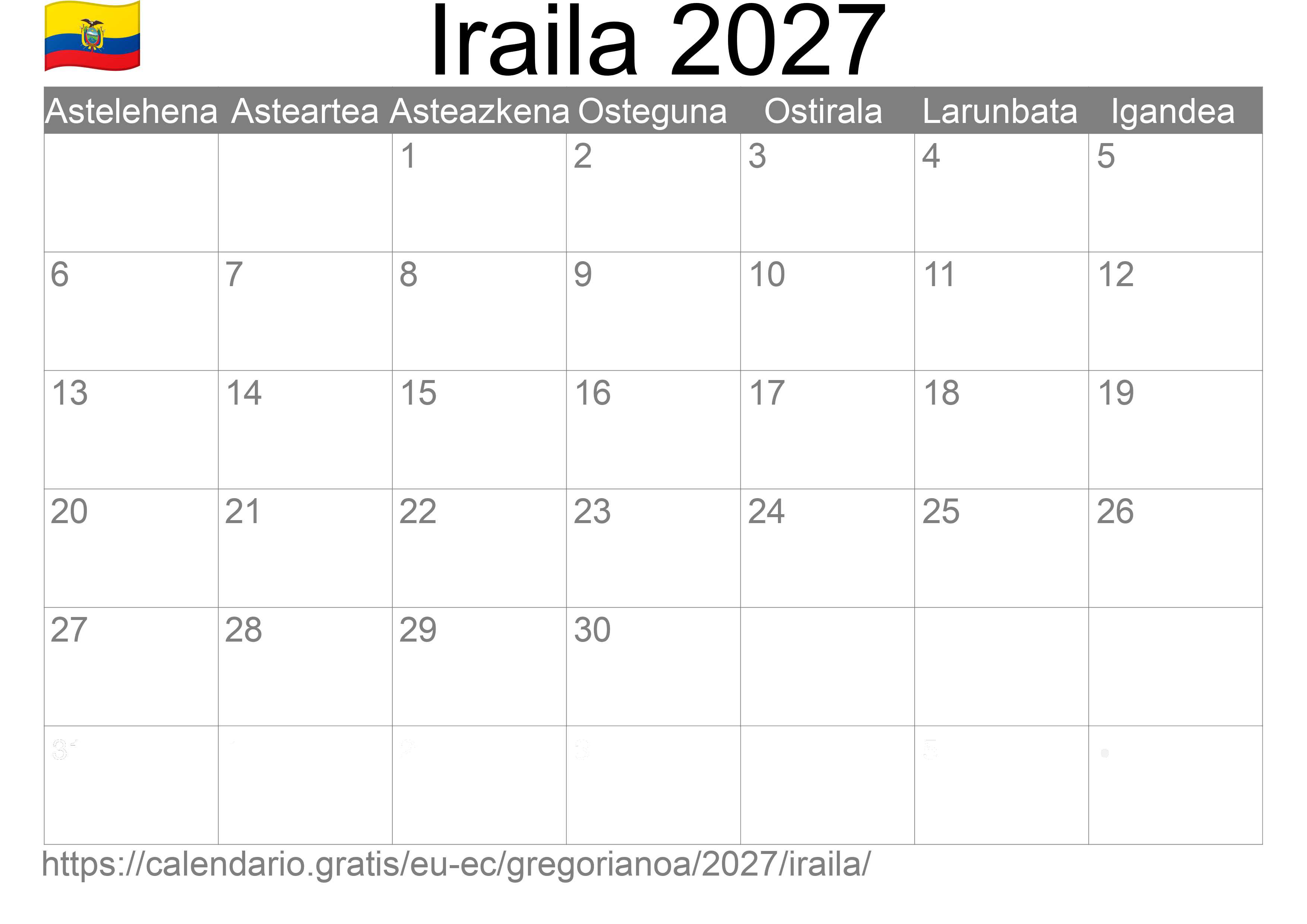 2027ko Iraila egutegia inprimatzeko