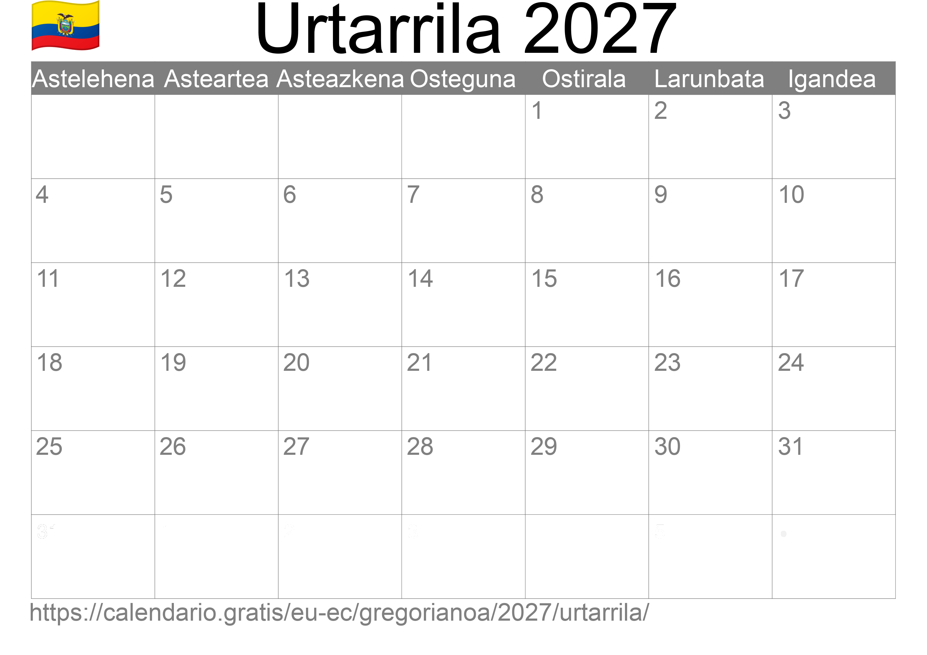 2027ko Urtarrila egutegia inprimatzeko