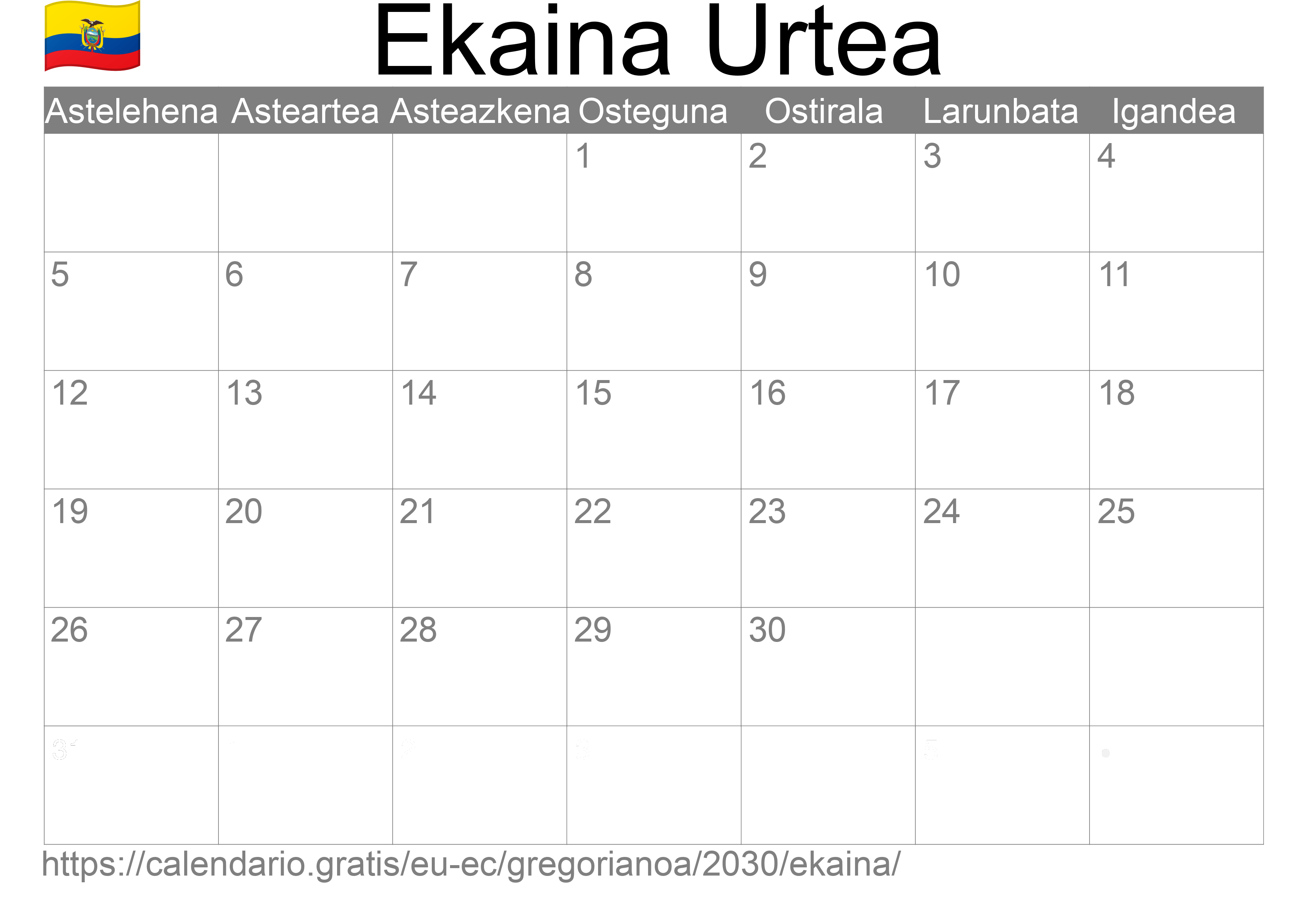 2030ko Ekaina egutegia inprimatzeko