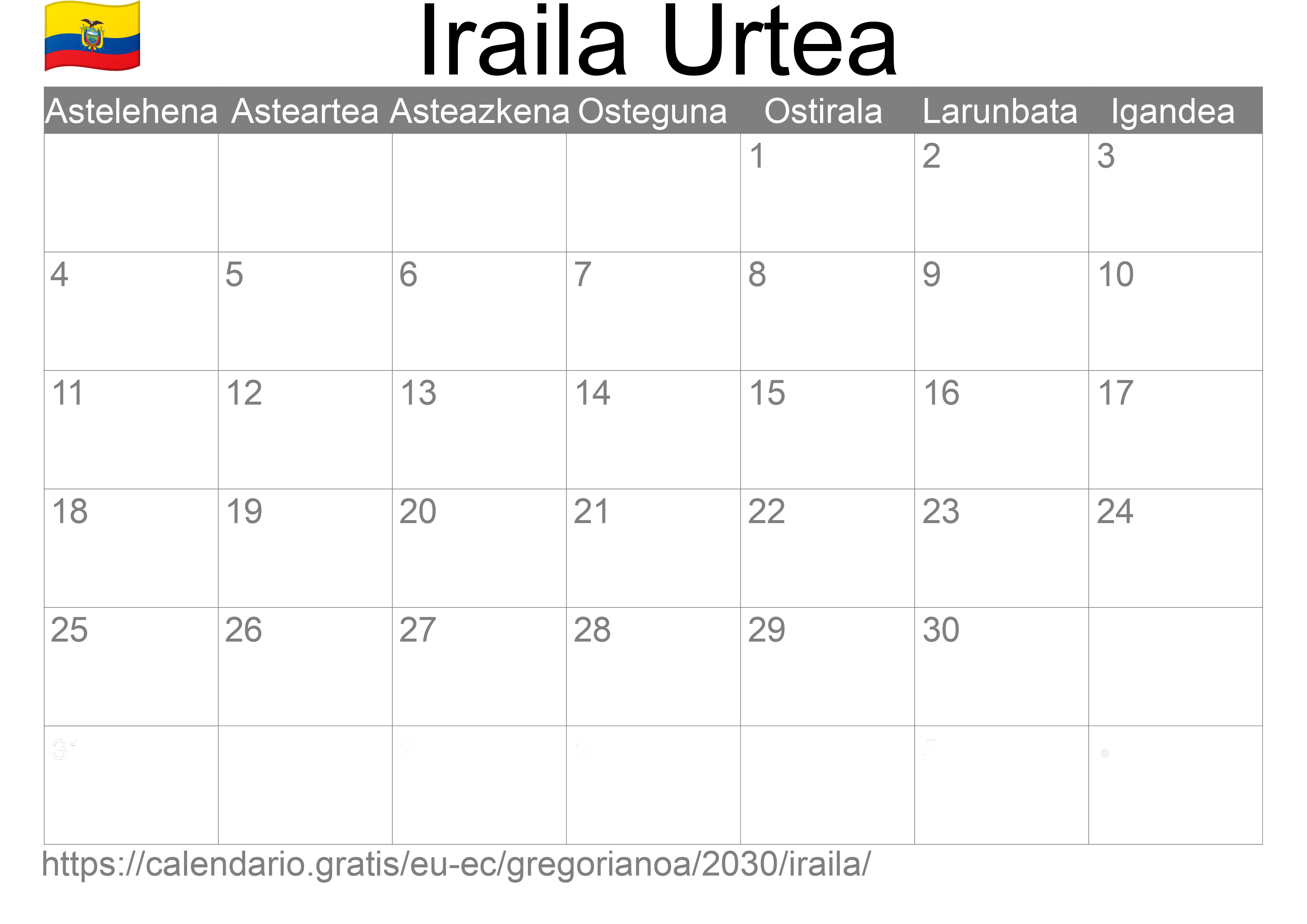 2030ko Iraila egutegia inprimatzeko