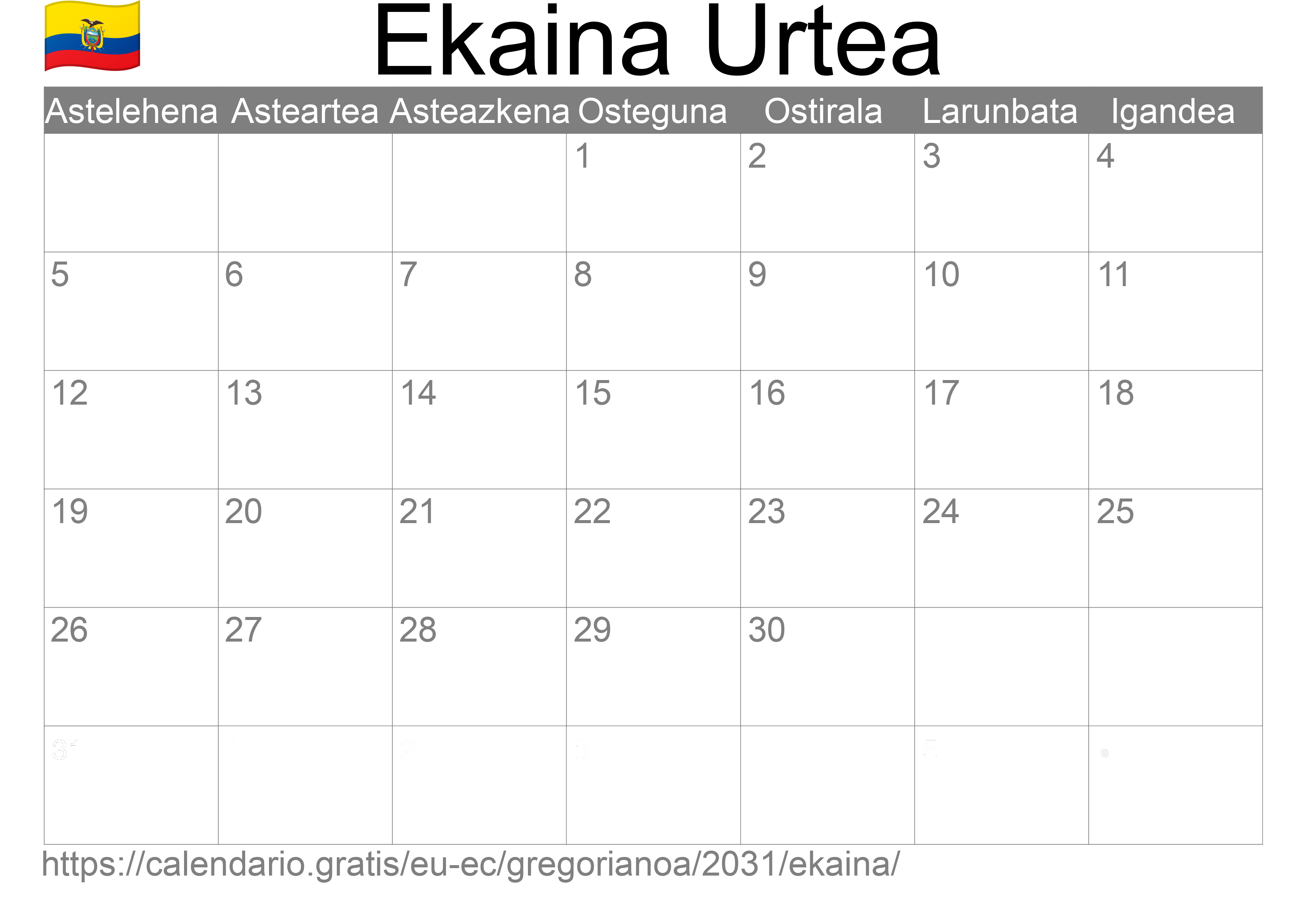 2031ko Ekaina egutegia inprimatzeko