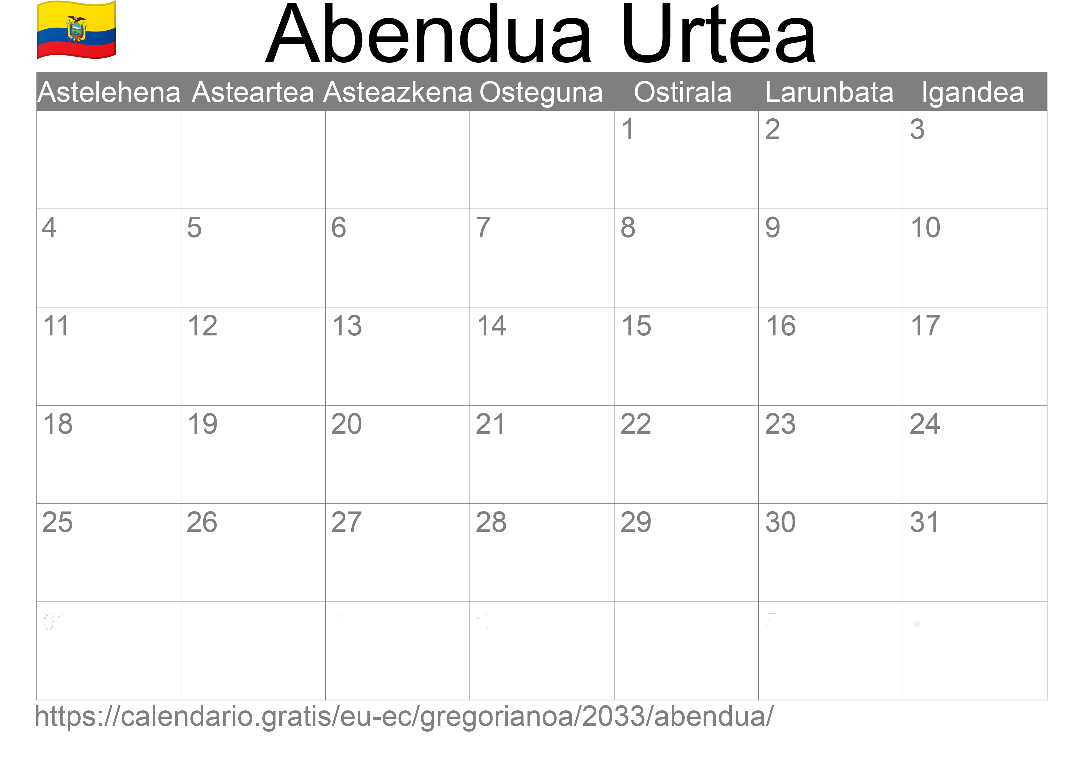 2033ko Abendua egutegia inprimatzeko