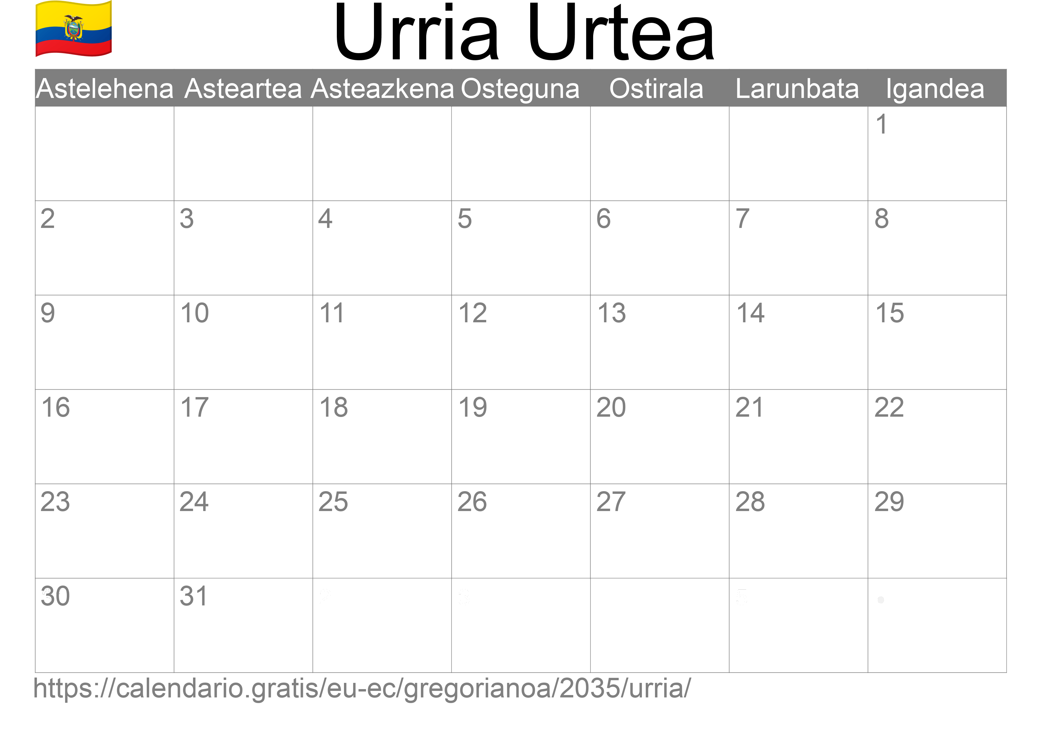 2035ko Urria egutegia inprimatzeko