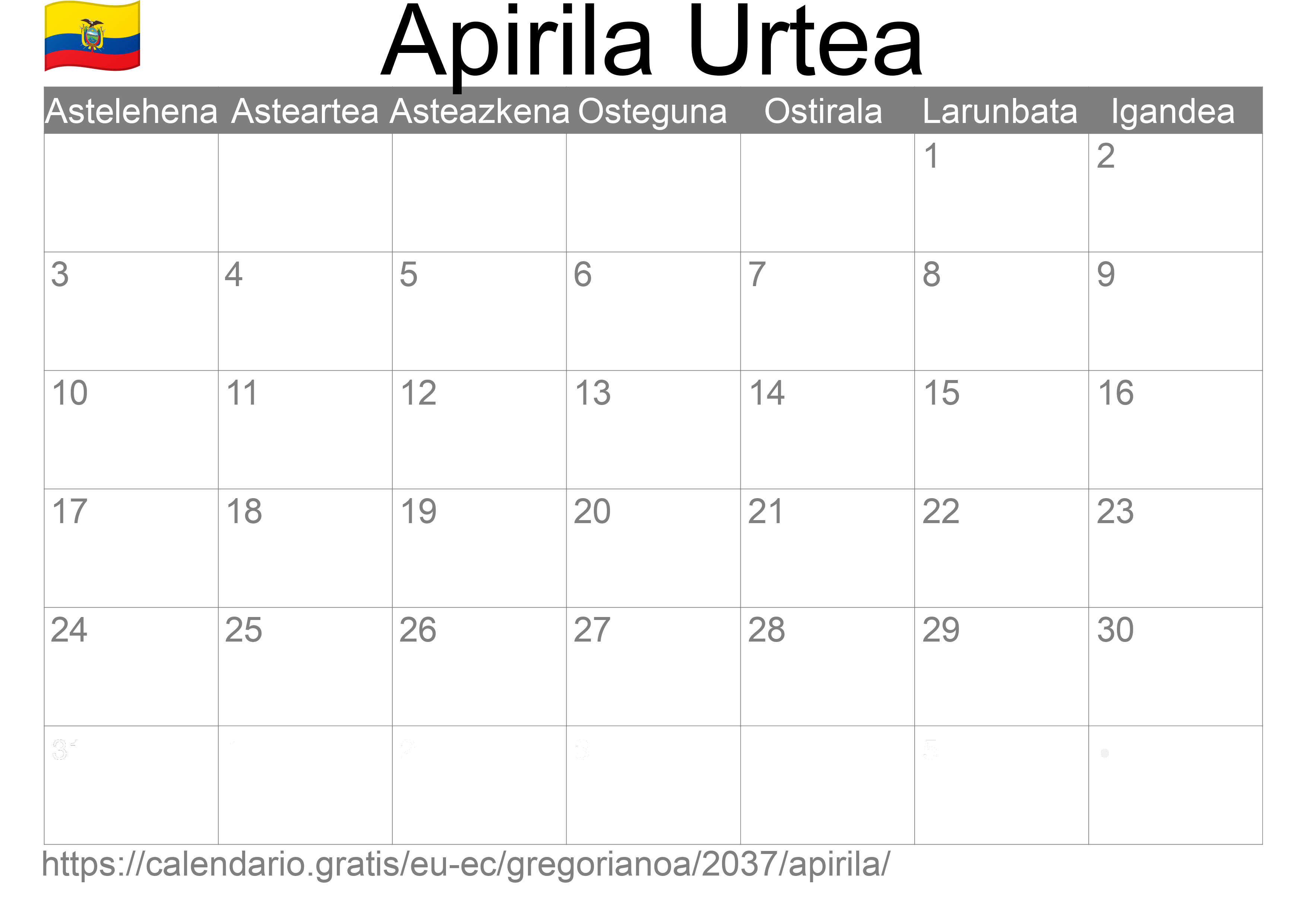 2037ko Apirila egutegia inprimatzeko