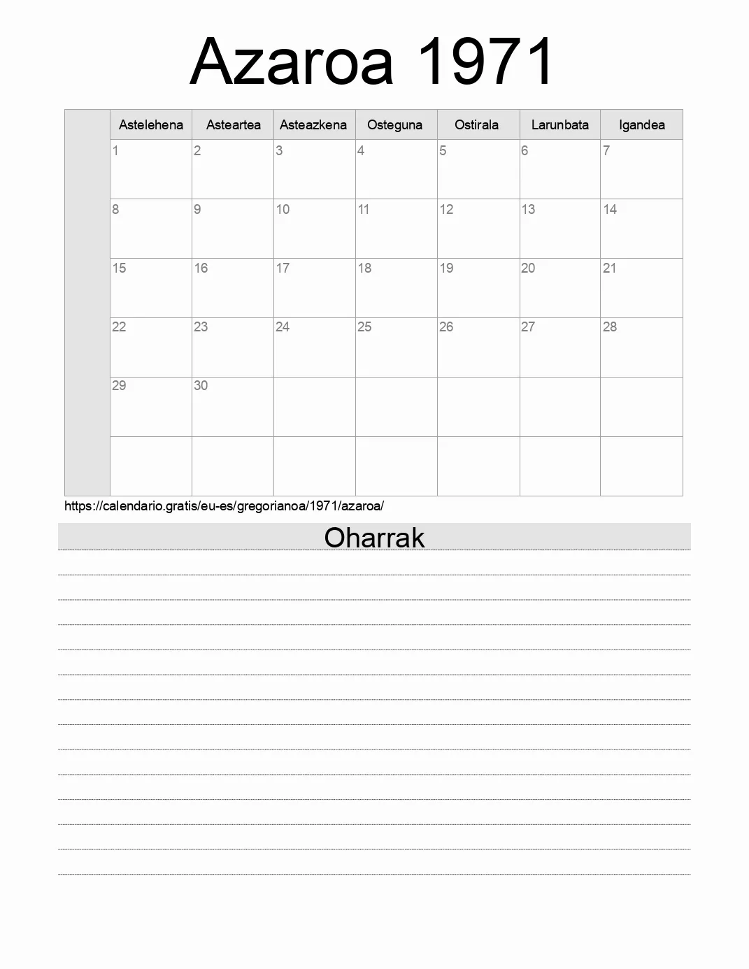 Inprimatzeko Azaroa 1971 egutegia, oharrekin. (Espainia) Inprimatzeko Azaroa 1971 egutegia, oharrekin. (Espainia)