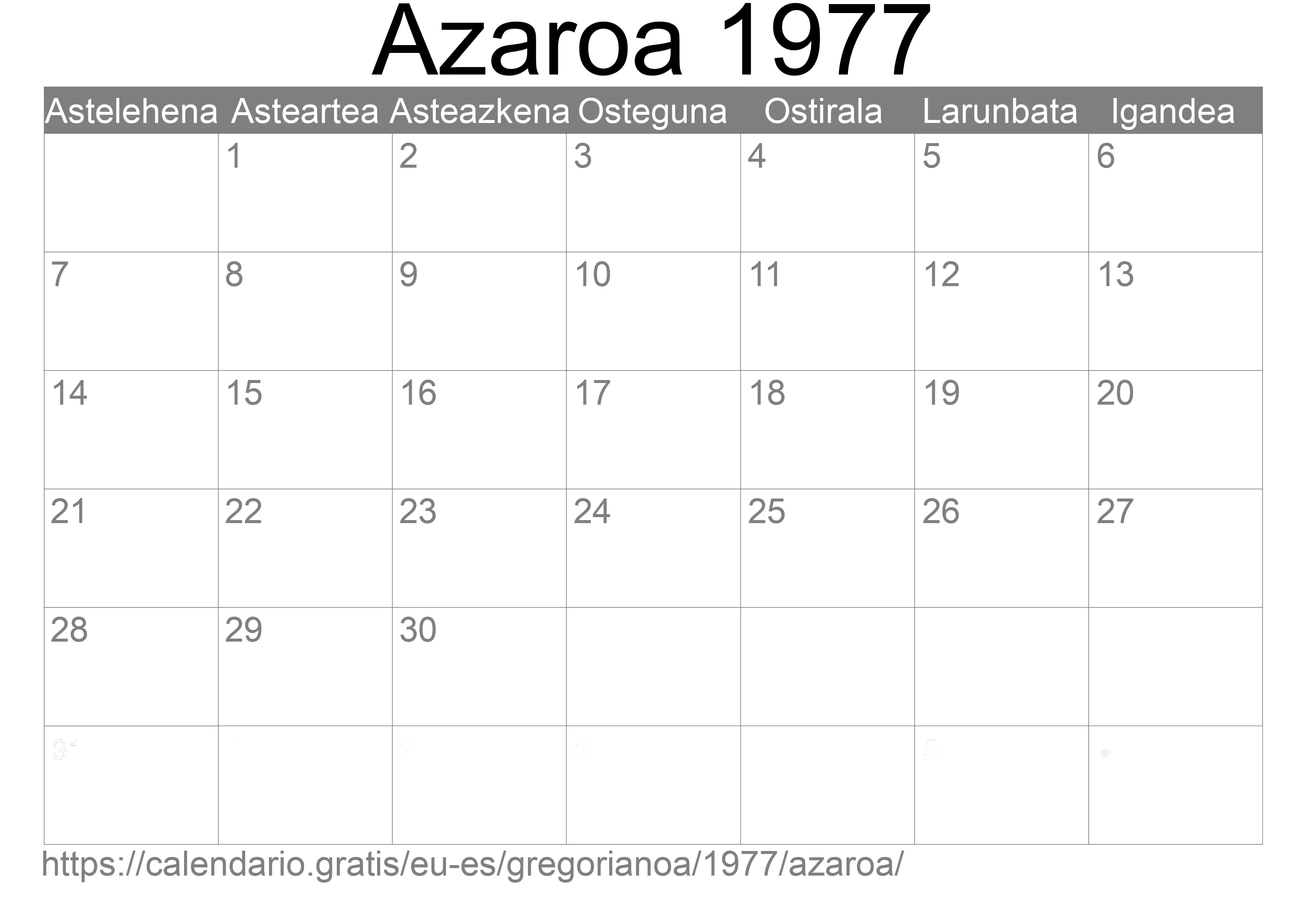 1977ko Azaroa egutegia inprimatzeko (Espainia) 1977ko Azaroa egutegia inprimatzeko (Espainia)