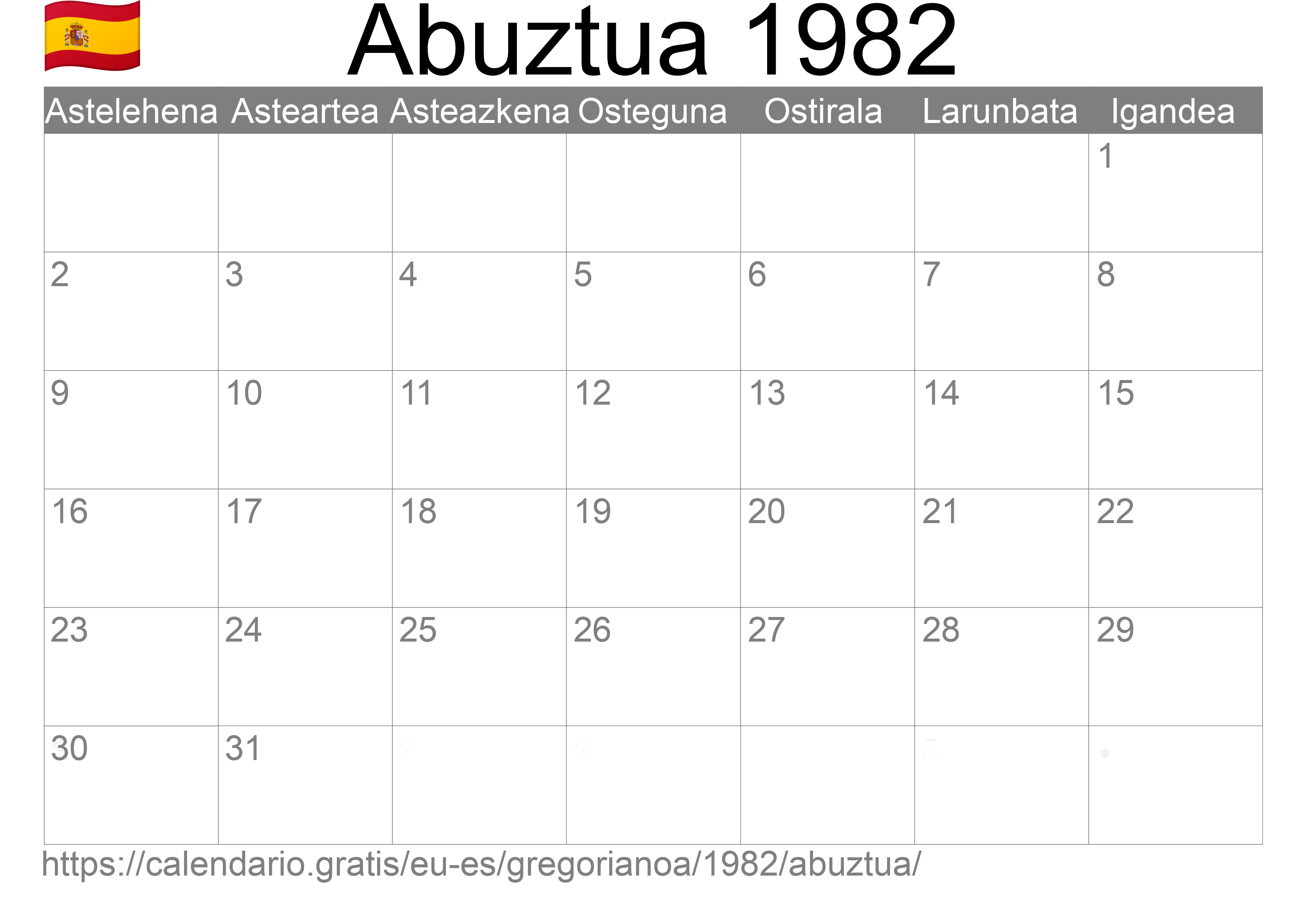 1982ko Abuztua egutegia inprimatzeko