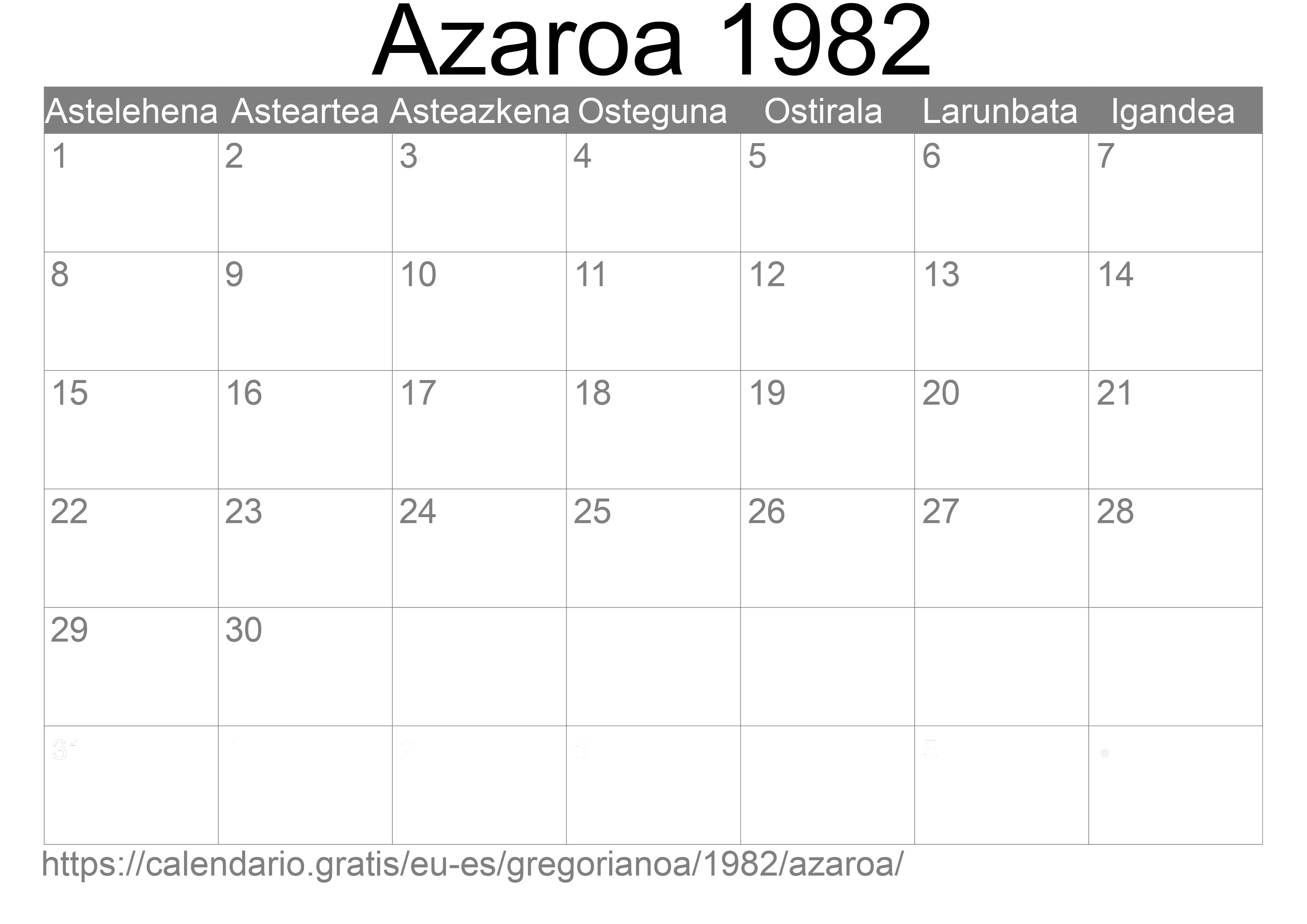 1982ko Azaroa egutegia inprimatzeko (Espainia) 1982ko Azaroa egutegia inprimatzeko (Espainia)