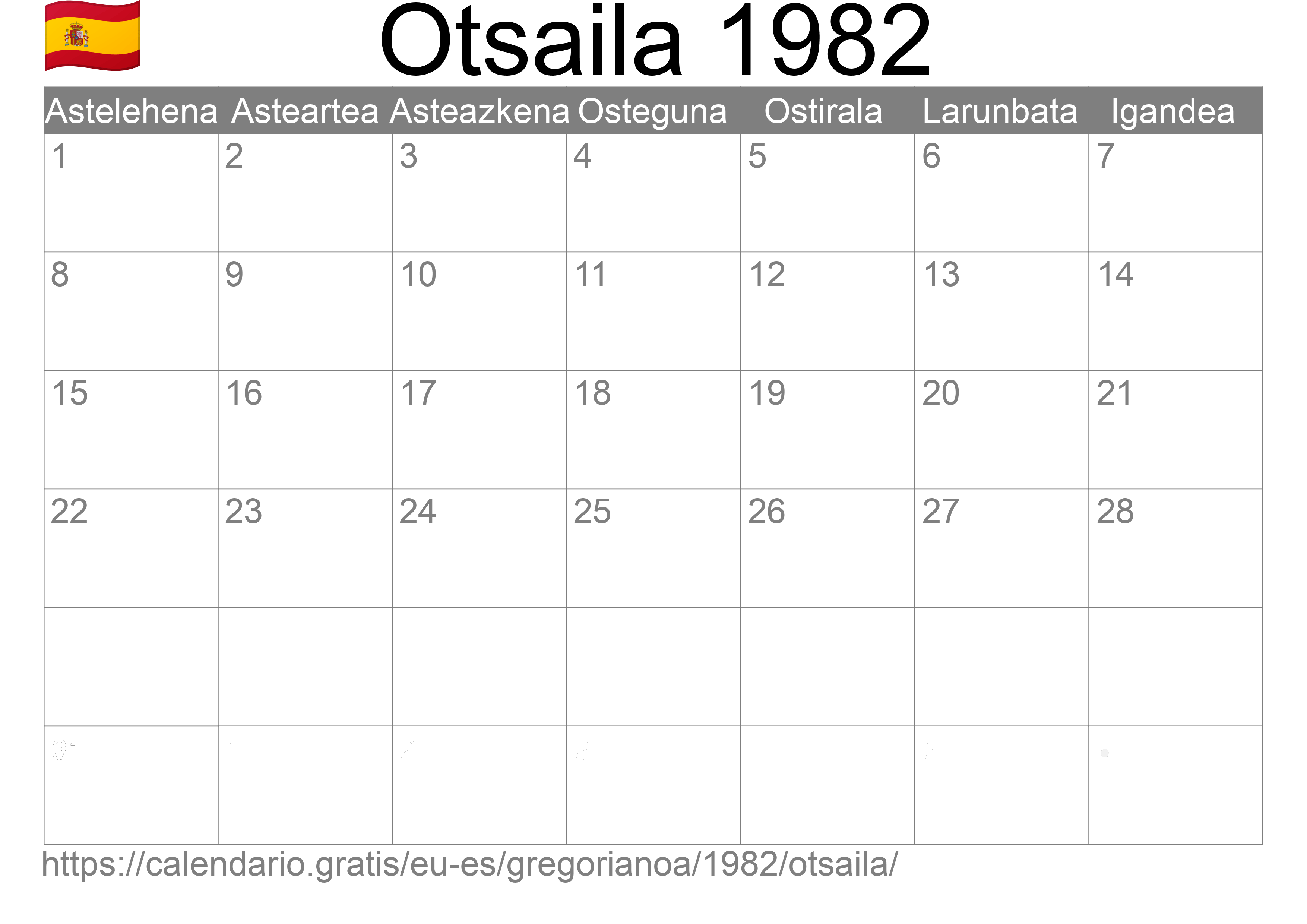 1982ko Otsaila egutegia inprimatzeko