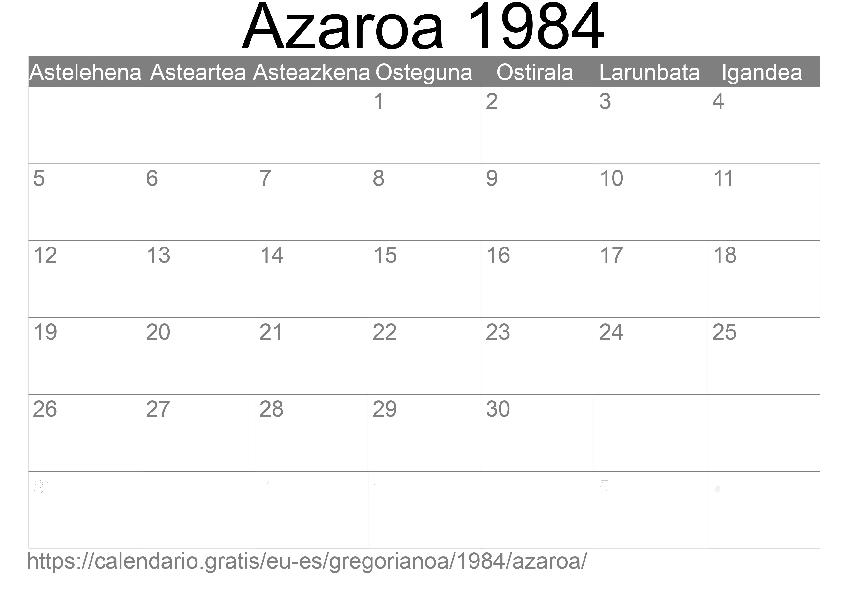 1984ko Azaroa egutegia inprimatzeko (Espainia) 1984ko Azaroa egutegia inprimatzeko (Espainia)