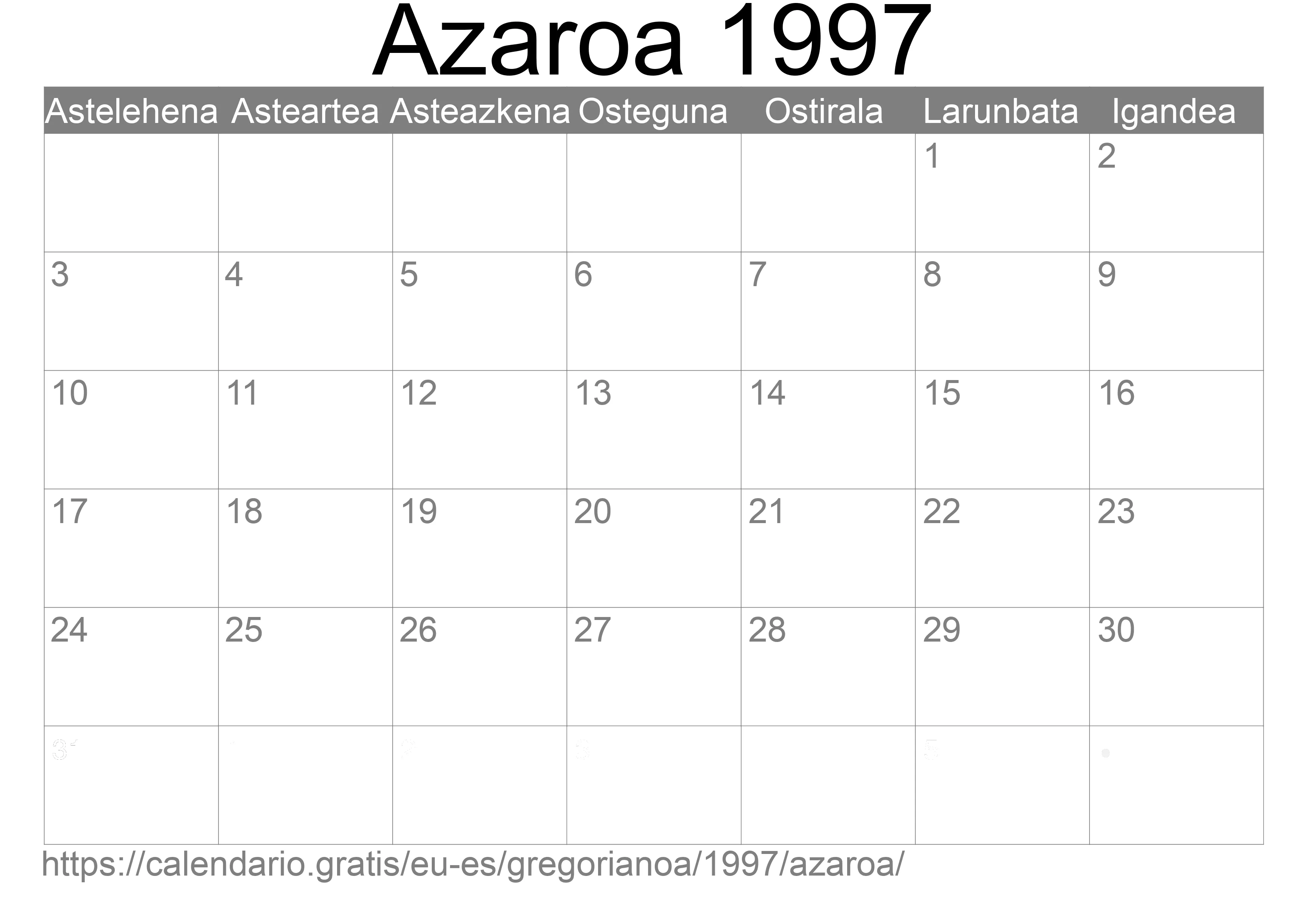 1997ko Azaroa egutegia inprimatzeko (Espainia) 1997ko Azaroa egutegia inprimatzeko (Espainia)