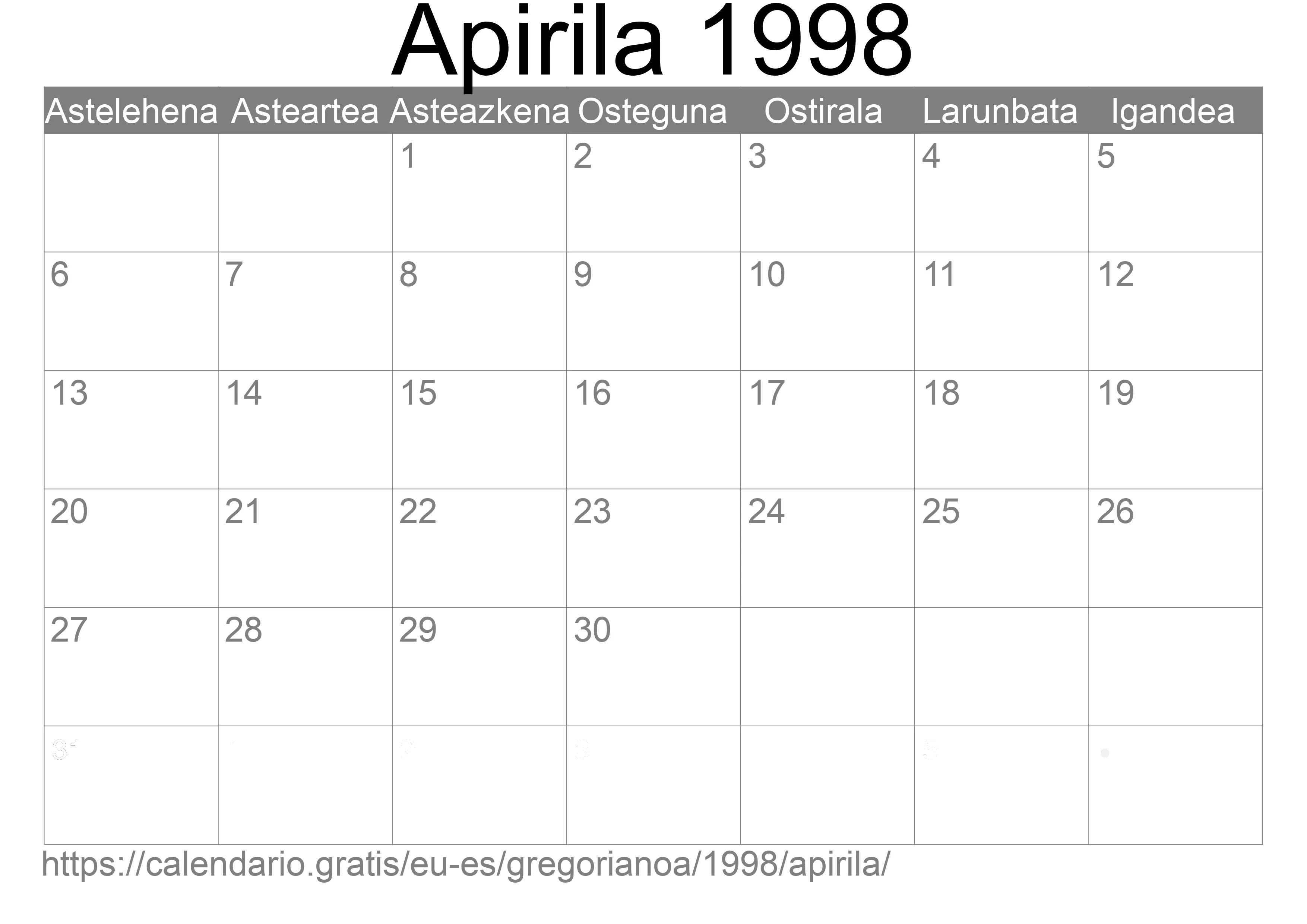 1998ko Apirila egutegia inprimatzeko (Espainia) 1998ko Apirila egutegia inprimatzeko (Espainia)
