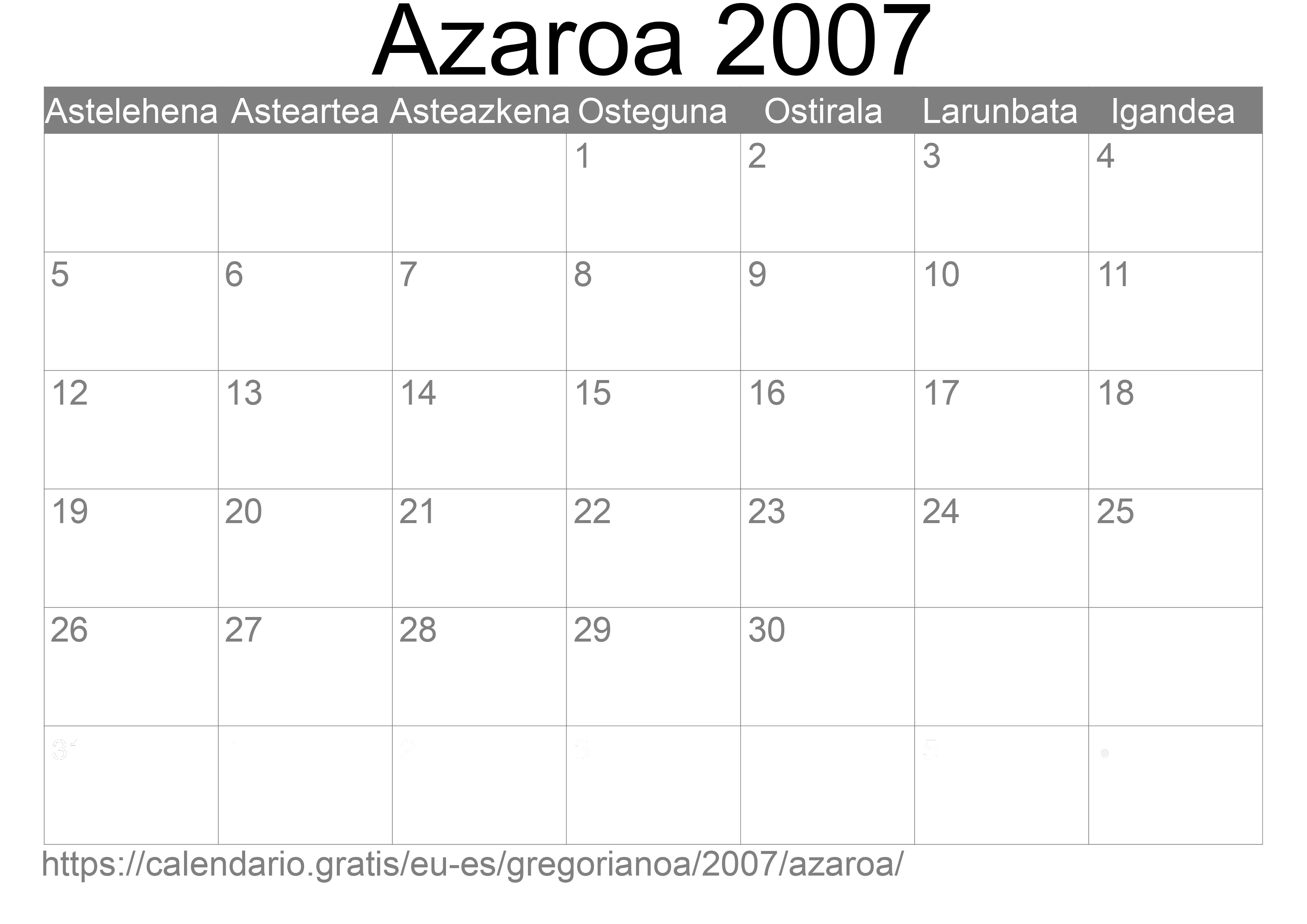 2007ko Azaroa egutegia inprimatzeko (Espainia) 2007ko Azaroa egutegia inprimatzeko (Espainia)