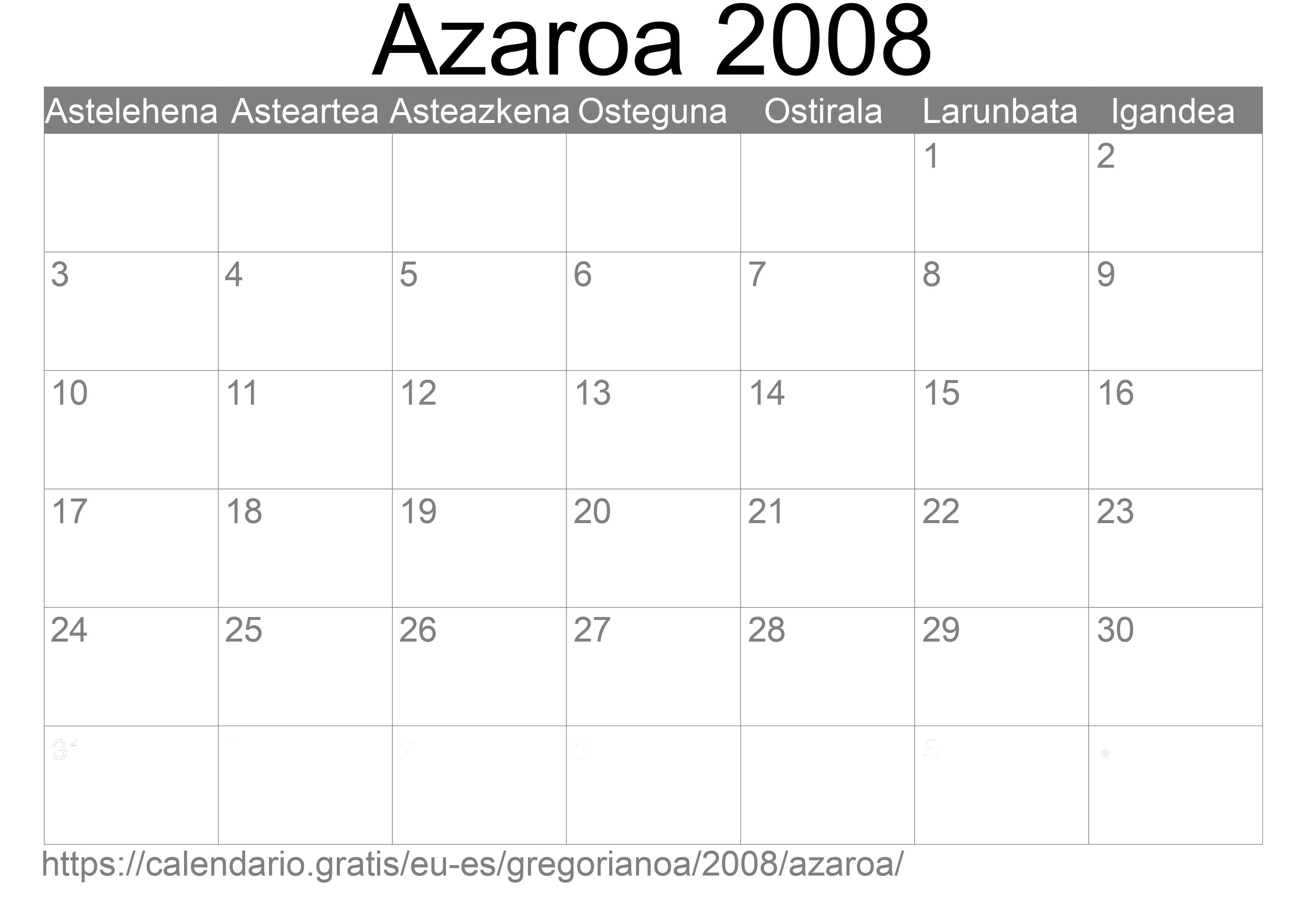 2008ko Azaroa egutegia inprimatzeko (Espainia) 2008ko Azaroa egutegia inprimatzeko (Espainia)