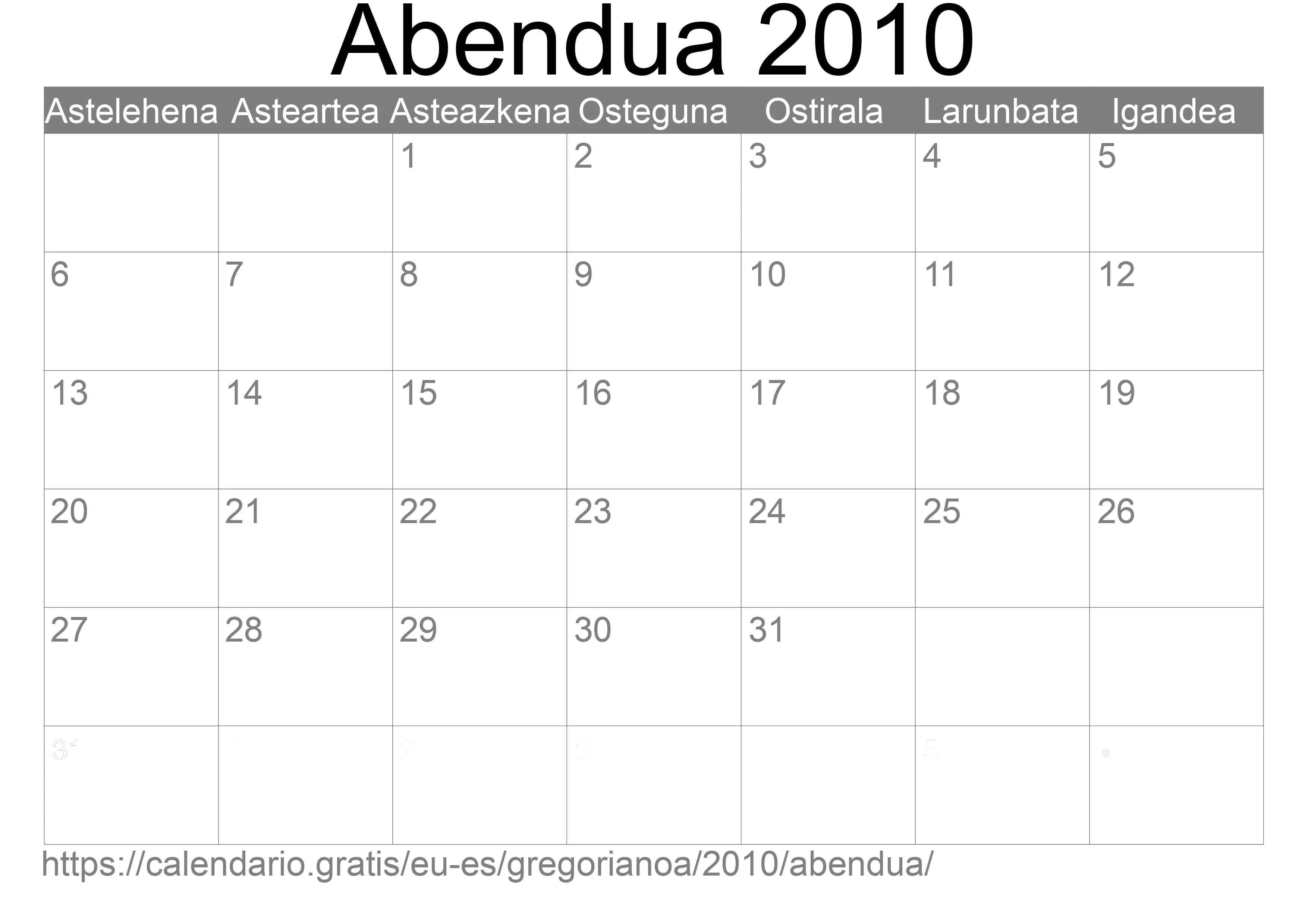 2010ko Abendua egutegia inprimatzeko (Espainia) 2010ko Abendua egutegia inprimatzeko (Espainia)