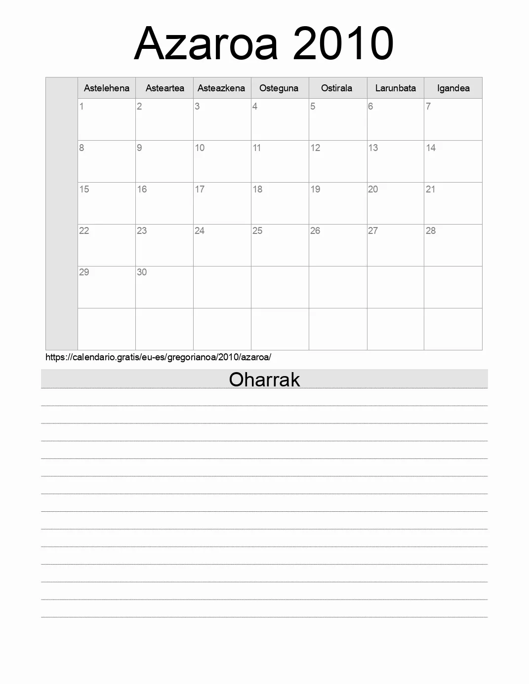 Inprimatzeko Azaroa 2010 egutegia, oharrekin. (Espainia) Inprimatzeko Azaroa 2010 egutegia, oharrekin. (Espainia)