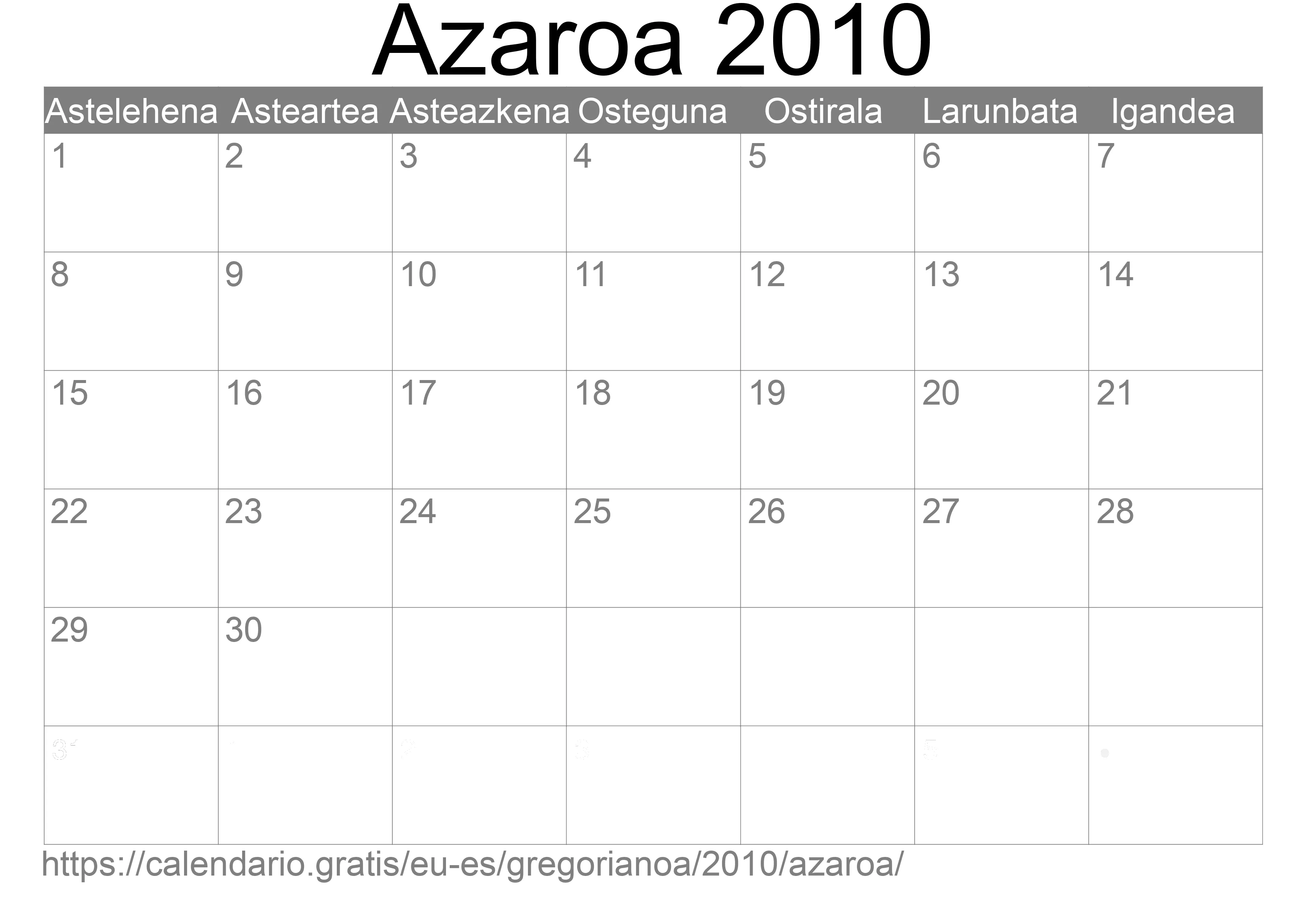 2010ko Azaroa egutegia inprimatzeko (Espainia) 2010ko Azaroa egutegia inprimatzeko (Espainia)