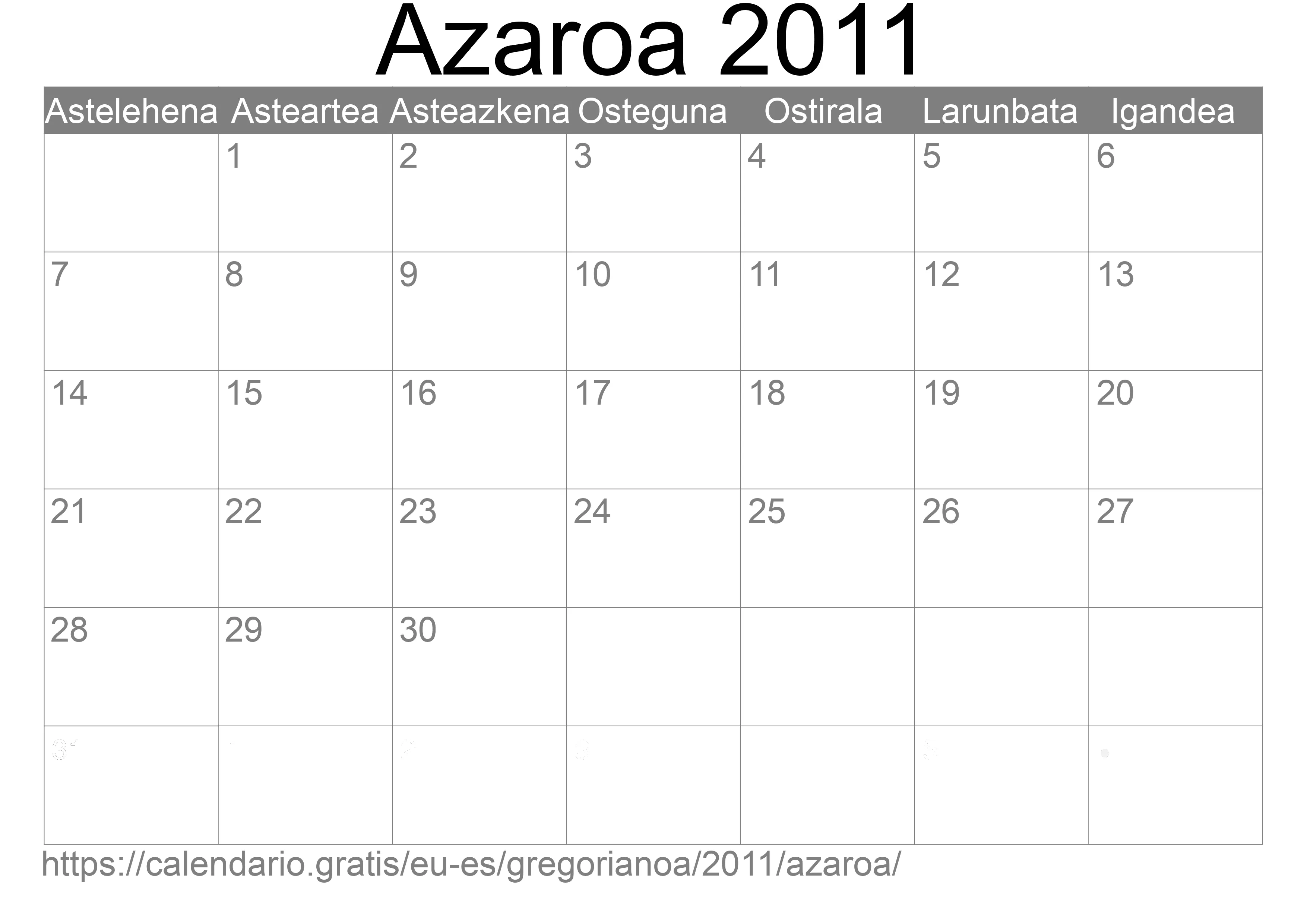 2011ko Azaroa egutegia inprimatzeko (Espainia) 2011ko Azaroa egutegia inprimatzeko (Espainia)