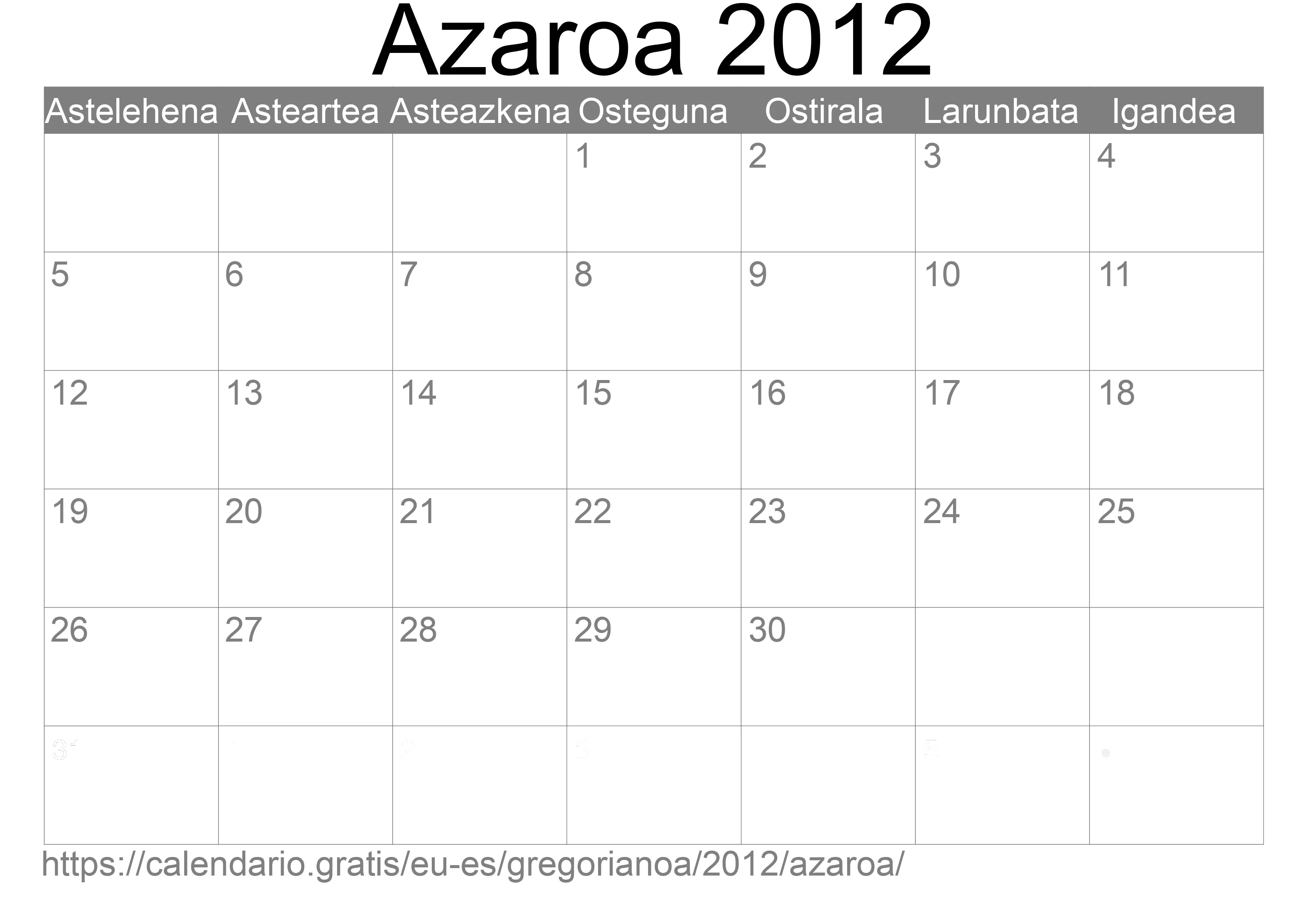 2012ko Azaroa egutegia inprimatzeko (Espainia) 2012ko Azaroa egutegia inprimatzeko (Espainia)