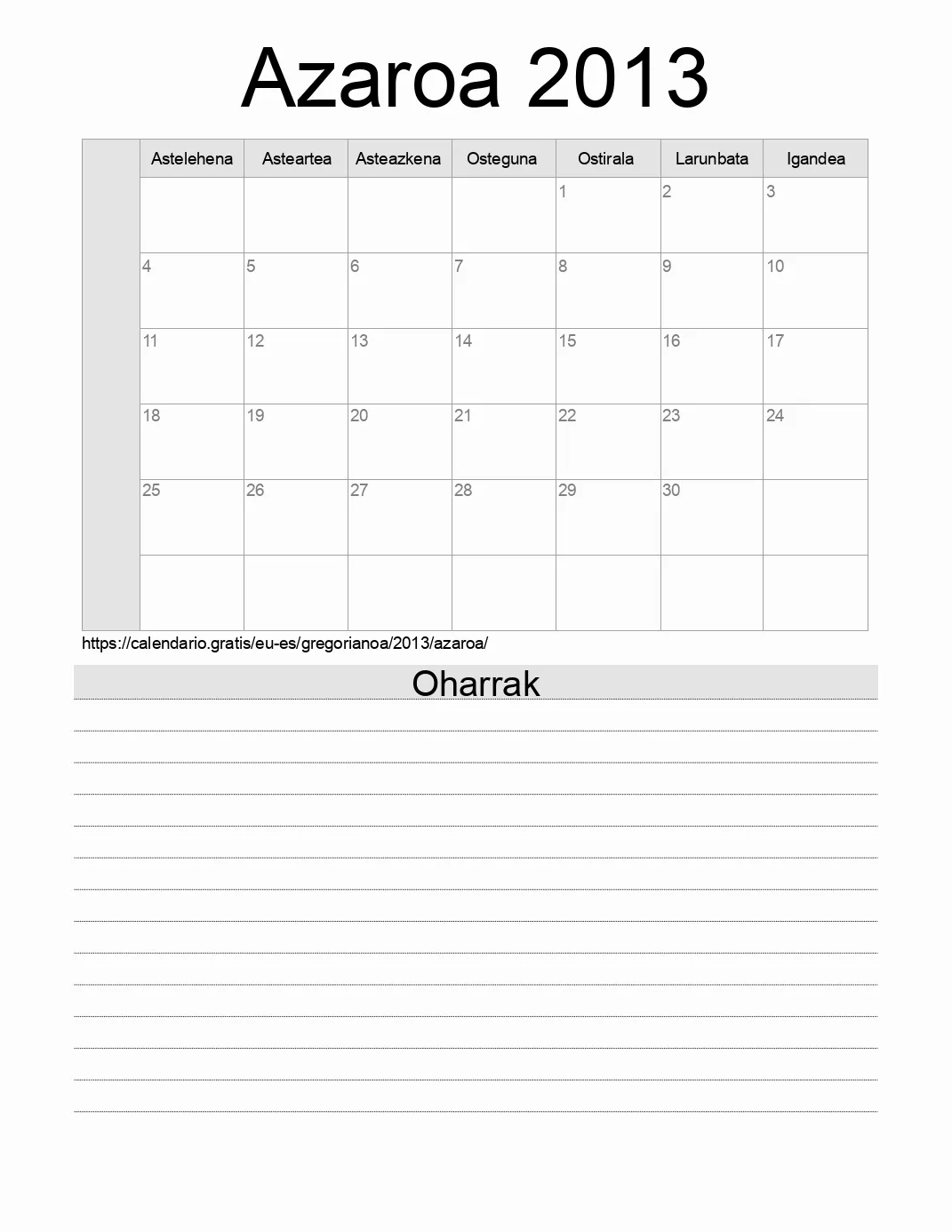 Inprimatzeko Azaroa 2013 egutegia, oharrekin. (Espainia) Inprimatzeko Azaroa 2013 egutegia, oharrekin. (Espainia)