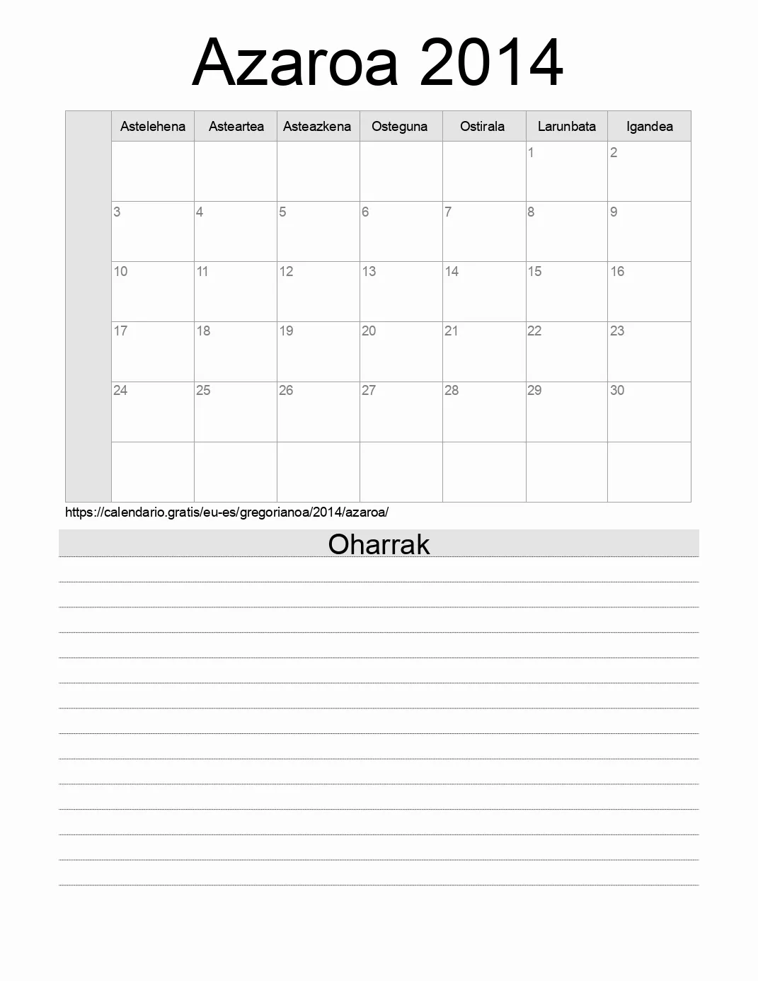 Inprimatzeko Azaroa 2014 egutegia, oharrekin. (Espainia) Inprimatzeko Azaroa 2014 egutegia, oharrekin. (Espainia)