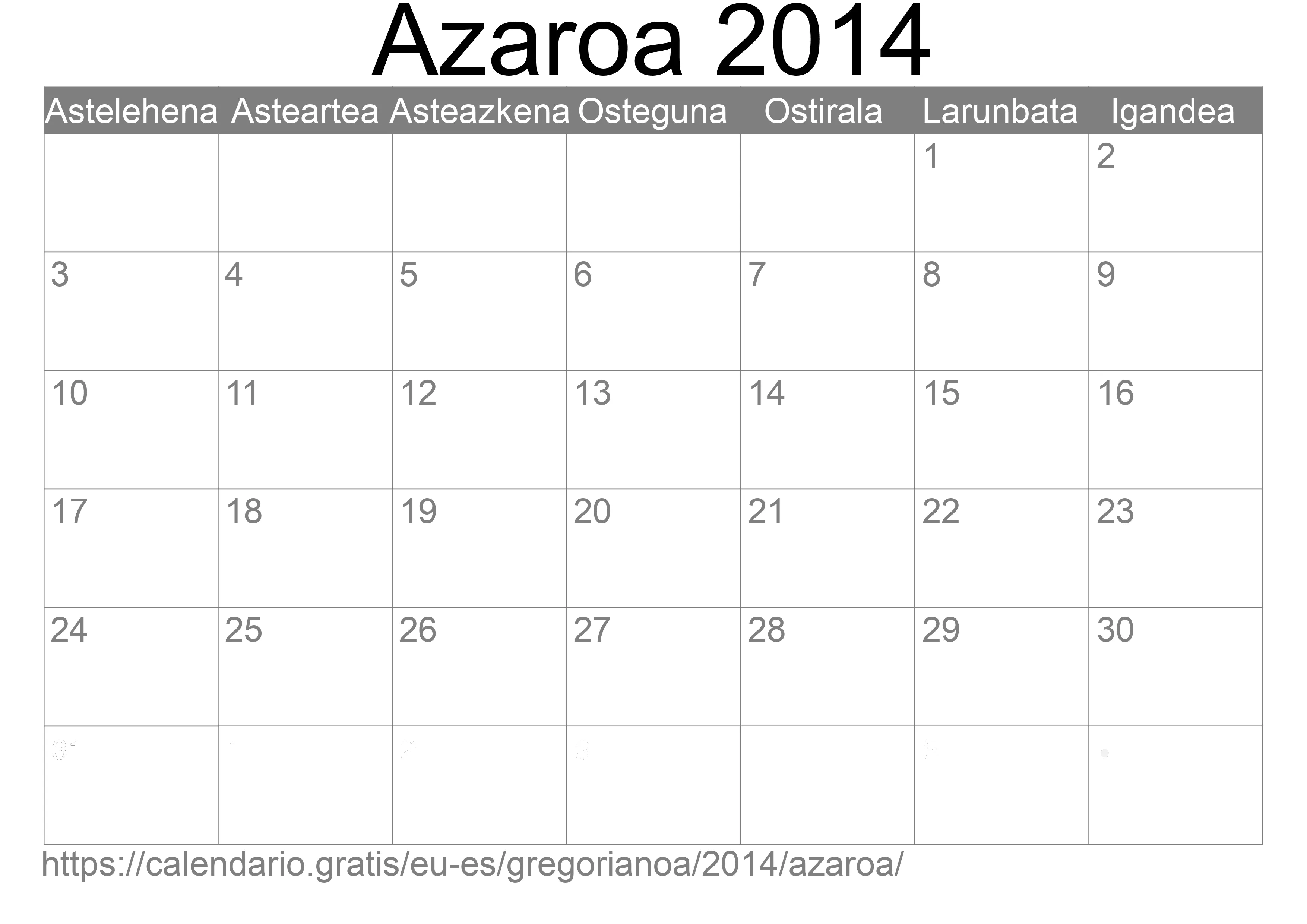2014ko Azaroa egutegia inprimatzeko (Espainia) 2014ko Azaroa egutegia inprimatzeko (Espainia)