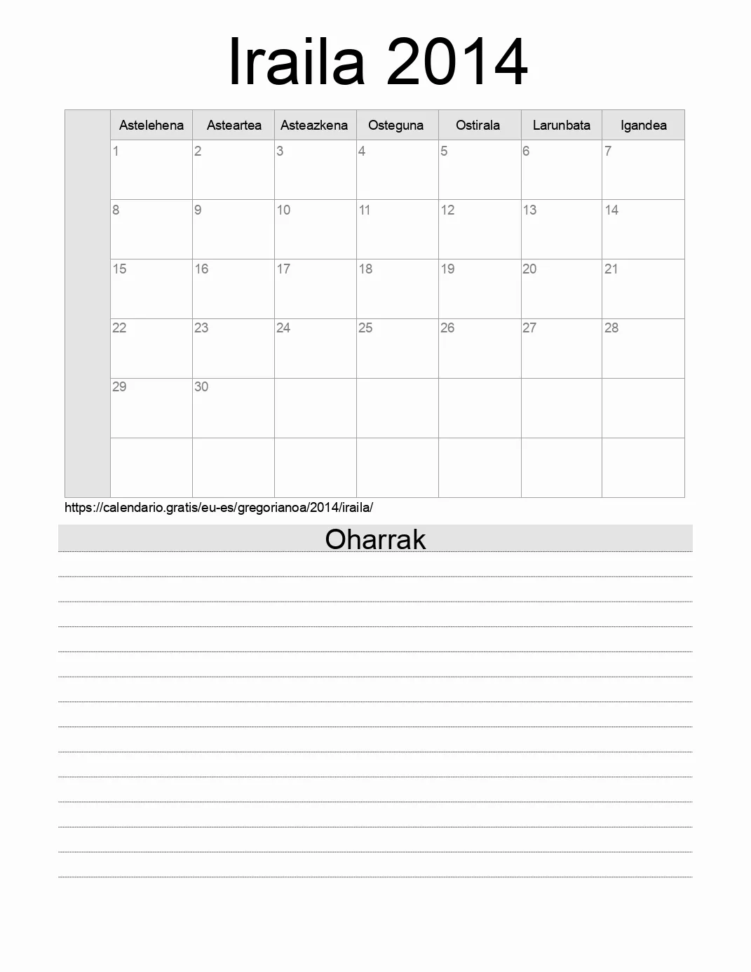 Inprimatzeko Iraila 2014 egutegia, oharrekin. (Espainia) Inprimatzeko Iraila 2014 egutegia, oharrekin. (Espainia)